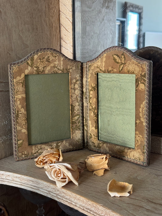 Antique French Fabric Folding Diptych Picture Frame – Floral Brocade & Silk Moiré