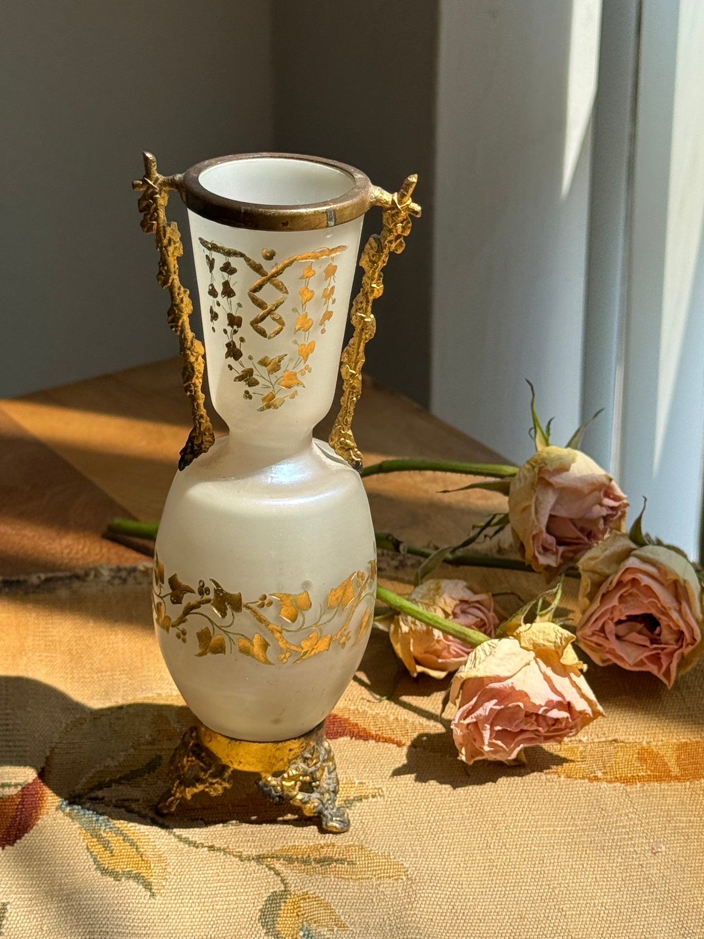 Antique French Style Opaline Glass Vase with Ormolu Mounts