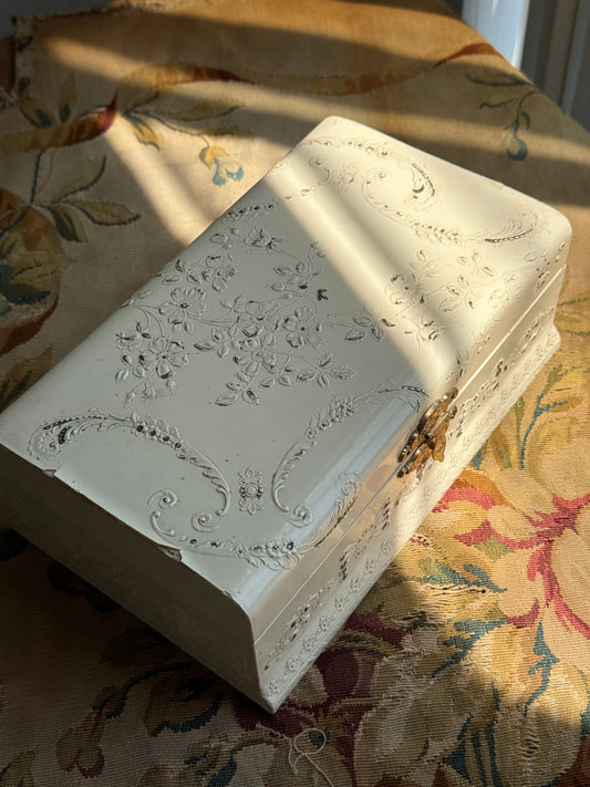 Antique Victorian / Edwardian Ivory-Color Celluloid Jewelry Casket with Satin Interior & Beveled Mirror, c. 1890–1910