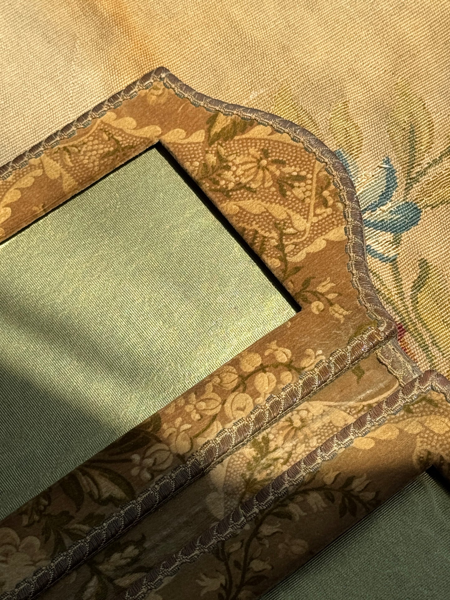 Antique French Fabric Folding Diptych Picture Frame – Floral Brocade & Silk Moiré