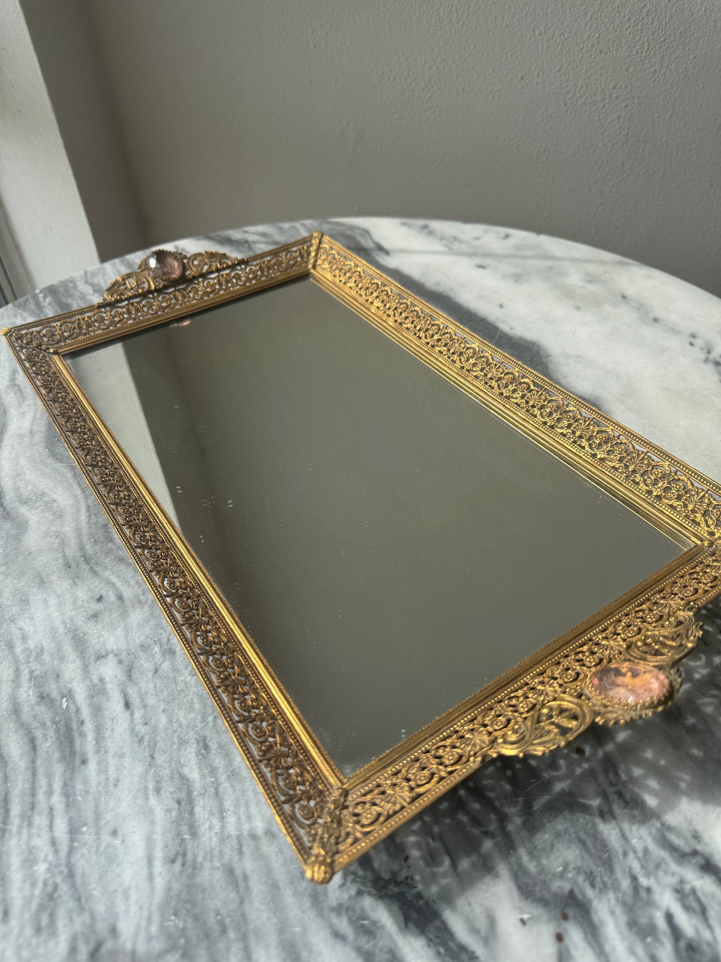 French Filigree Mirrored Vanity Tray with Rosegold Gems