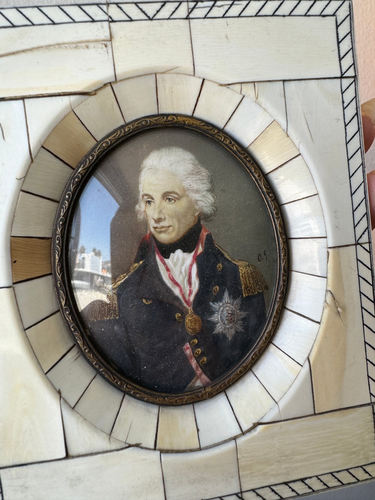 Antique French Portrait in a Bone Frame 19th Century