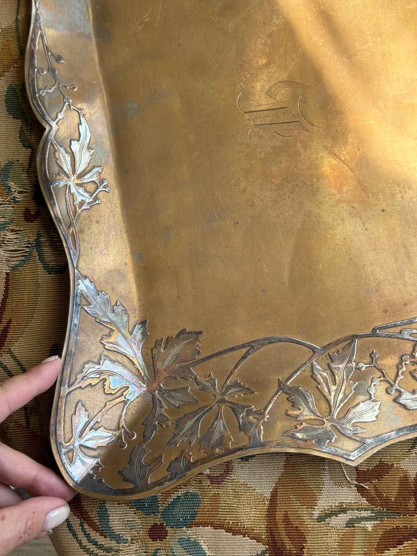 Antique Art Nouveau Mixed Metal Tray – Sterling Silver Overlay on Copper