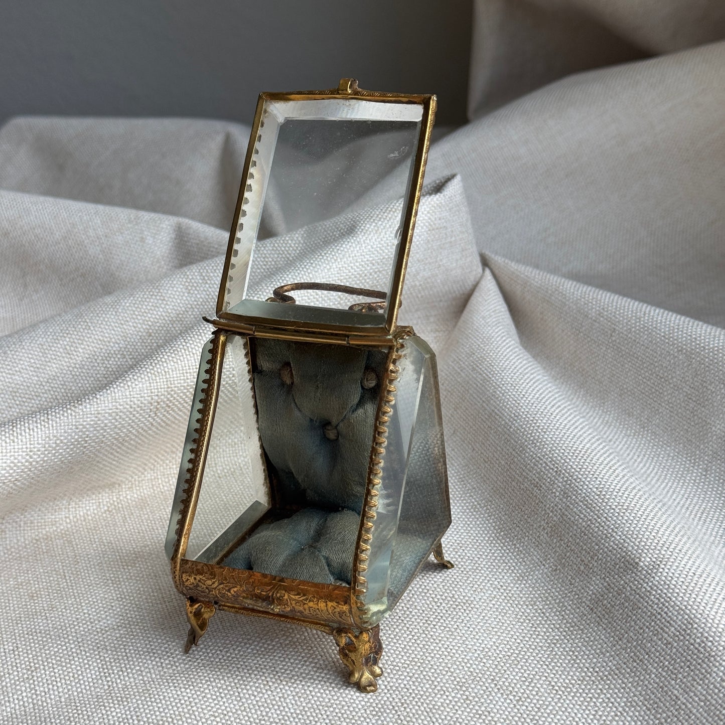 Antique French Jewelry Casked with Beveled Glass and Silk Cushion