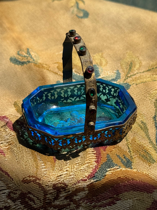 Antique Czech Blue Intaglio Glass Salt Cellar Basket