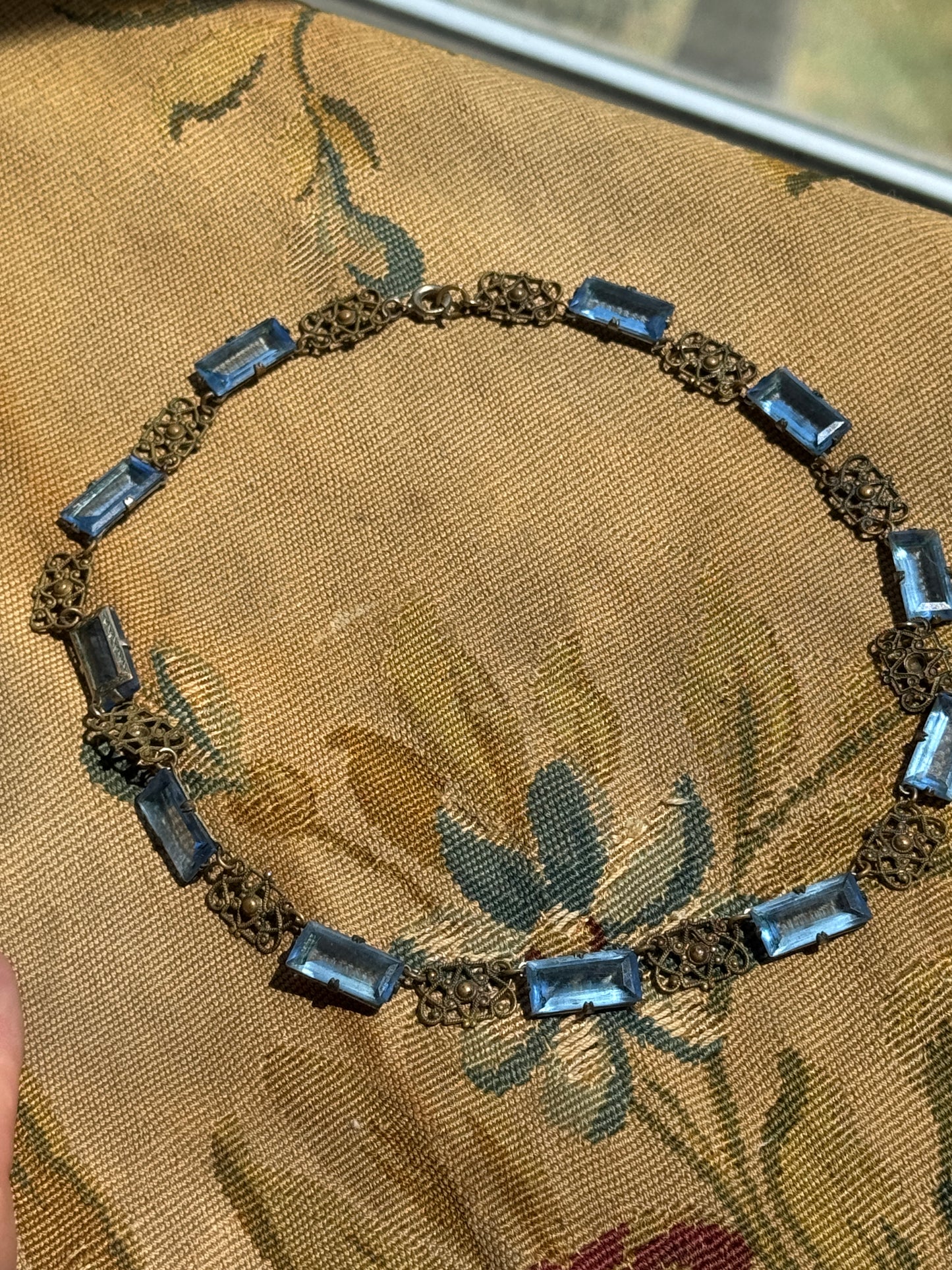 Antique 1920s Czech Art Deco Blue Glass & Filigree Necklace