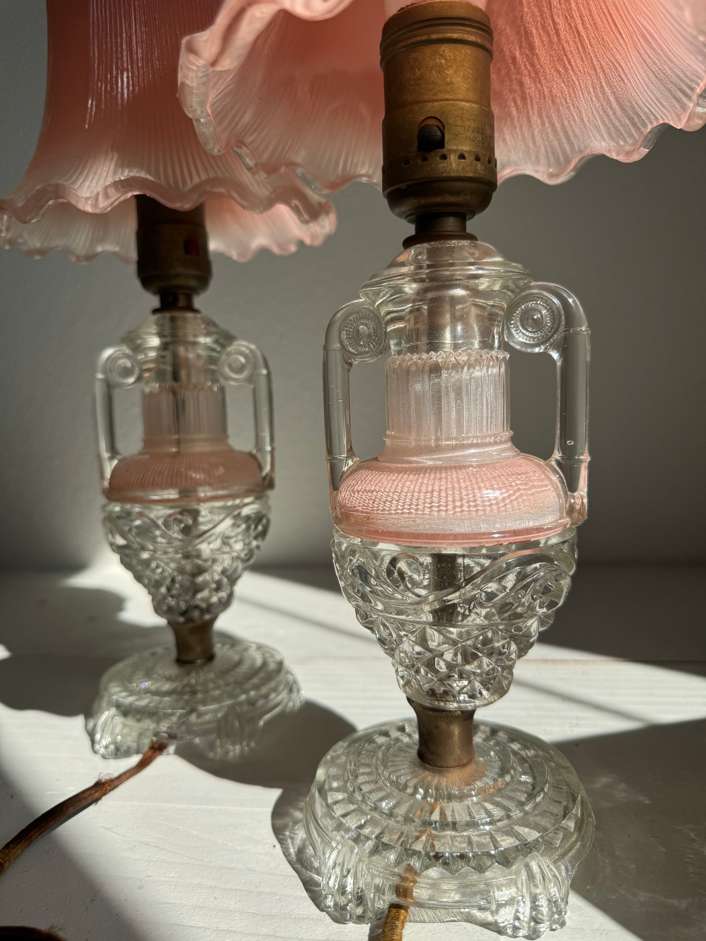 1930’s Pink Glass Boudior Lamps by Houze