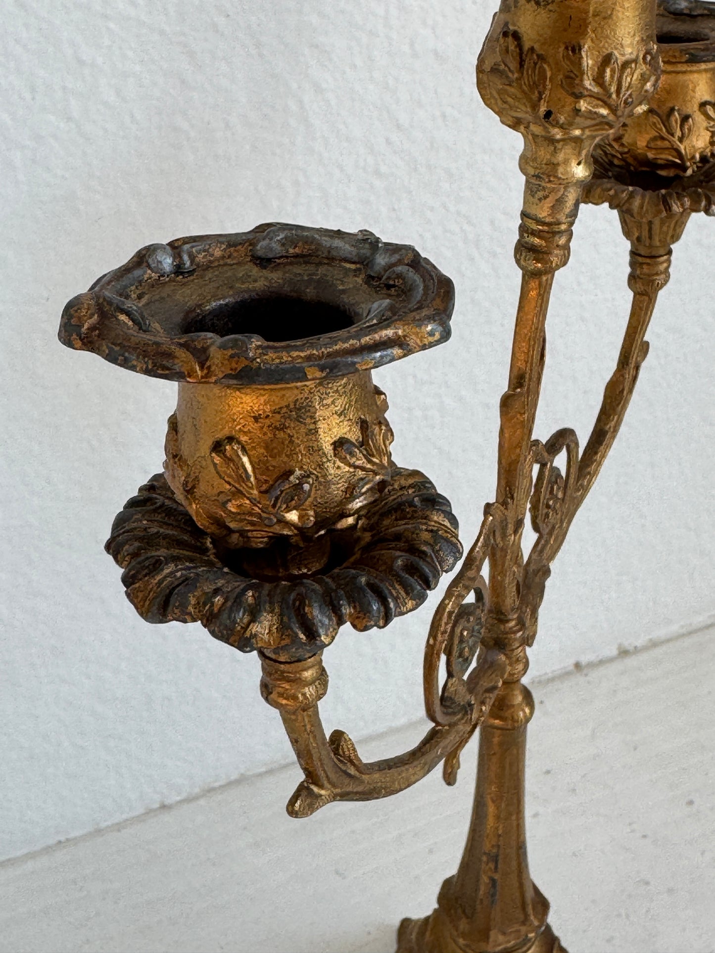 Antique Gilt Metal Three-Arm Candelabra with Stone Base 12.5x9