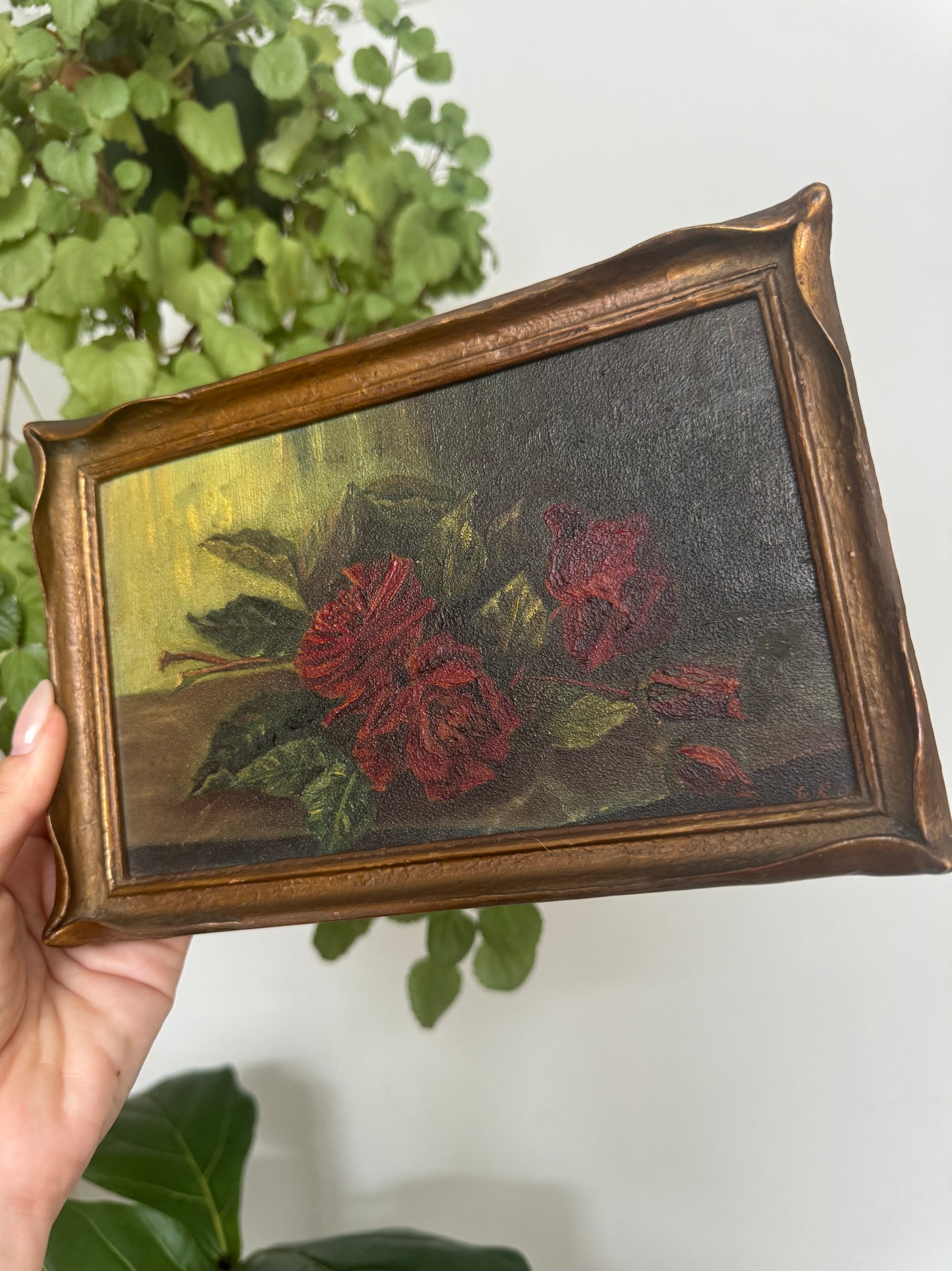 Early 20th Century Original Floral Oil Painting, Signed, Pie Crust Frame