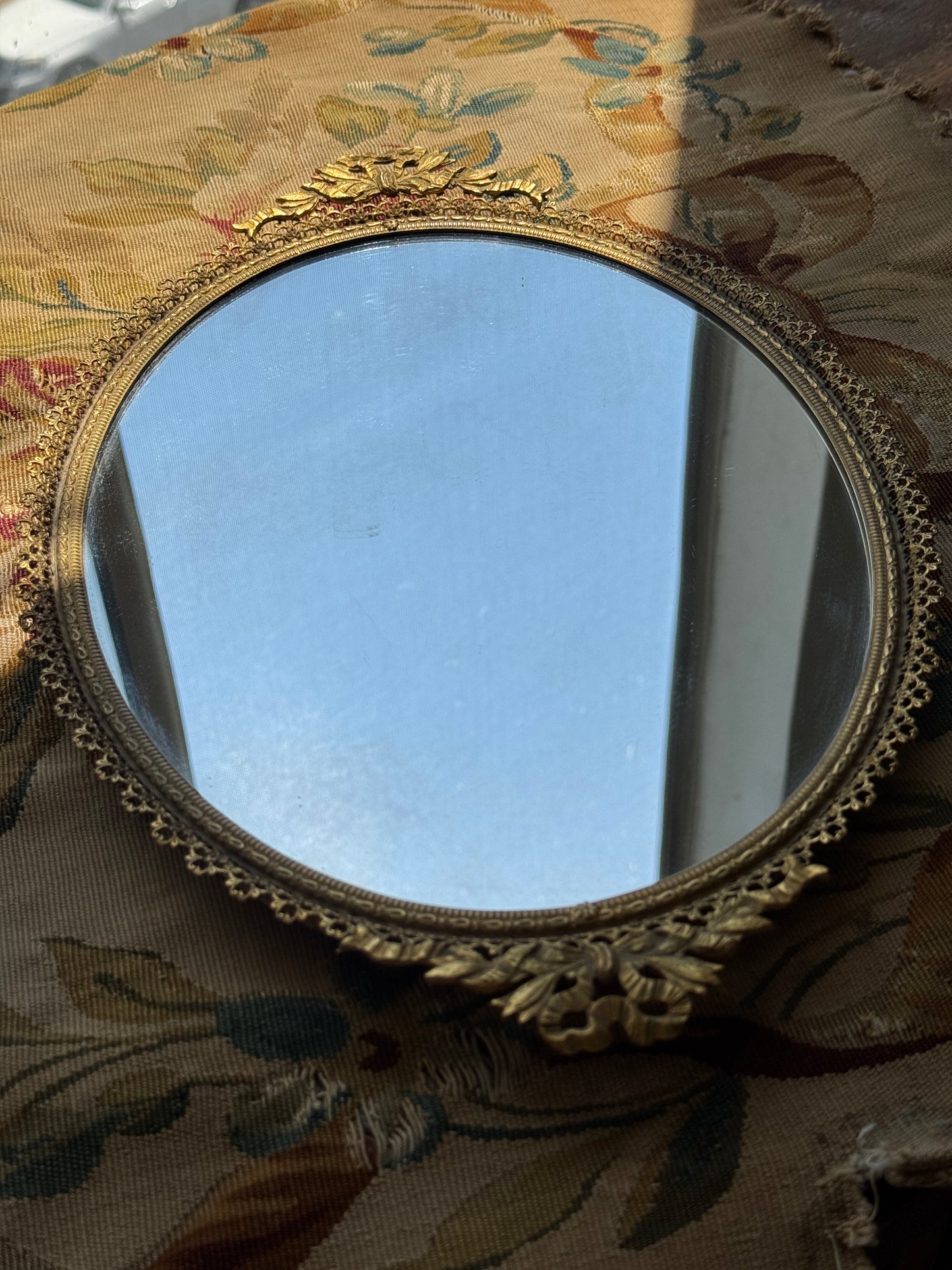 Antique French Gilt Brass Filigree & Bow Oval Vanity Mirror, c. 1930s