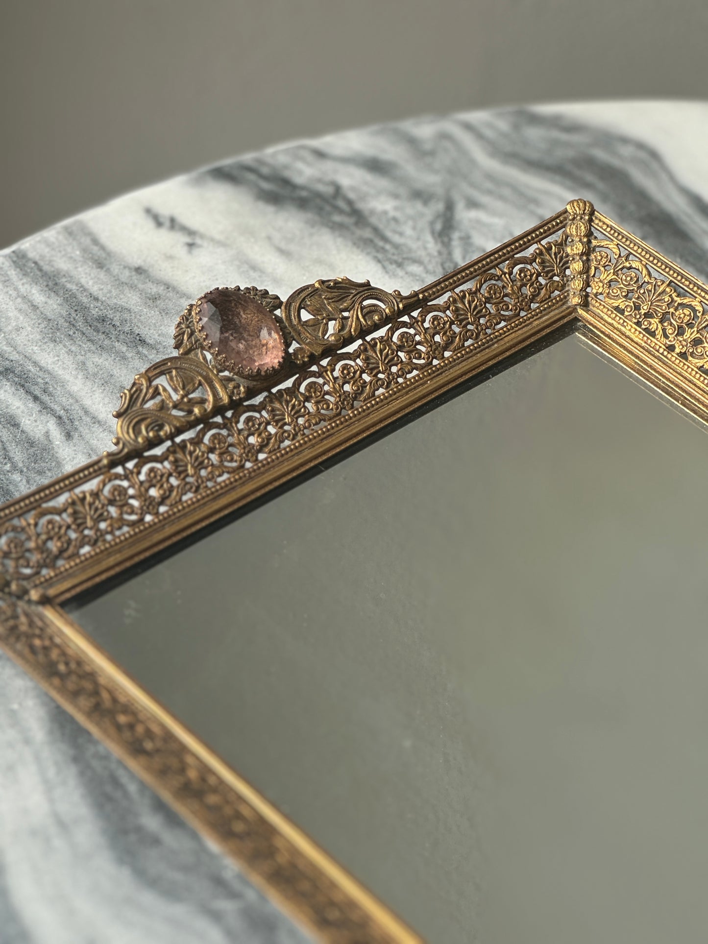 French Filigree Mirrored Vanity Tray with Rosegold Gems