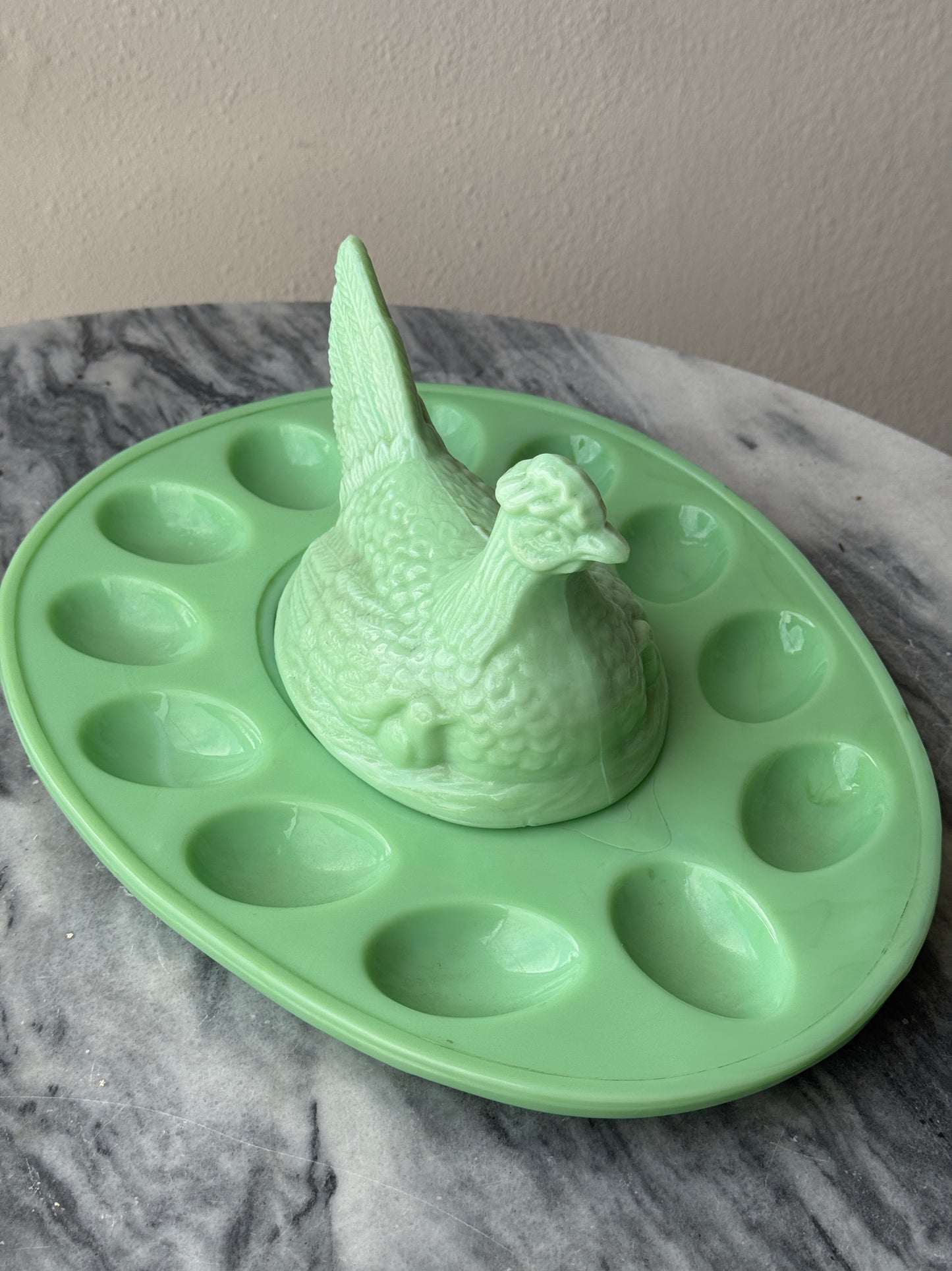 Vintage Jadeite Hen on Nest Egg Tray - L.E. Smith Glass - Deviled Egg Plate - Mid-Century Kitchenware