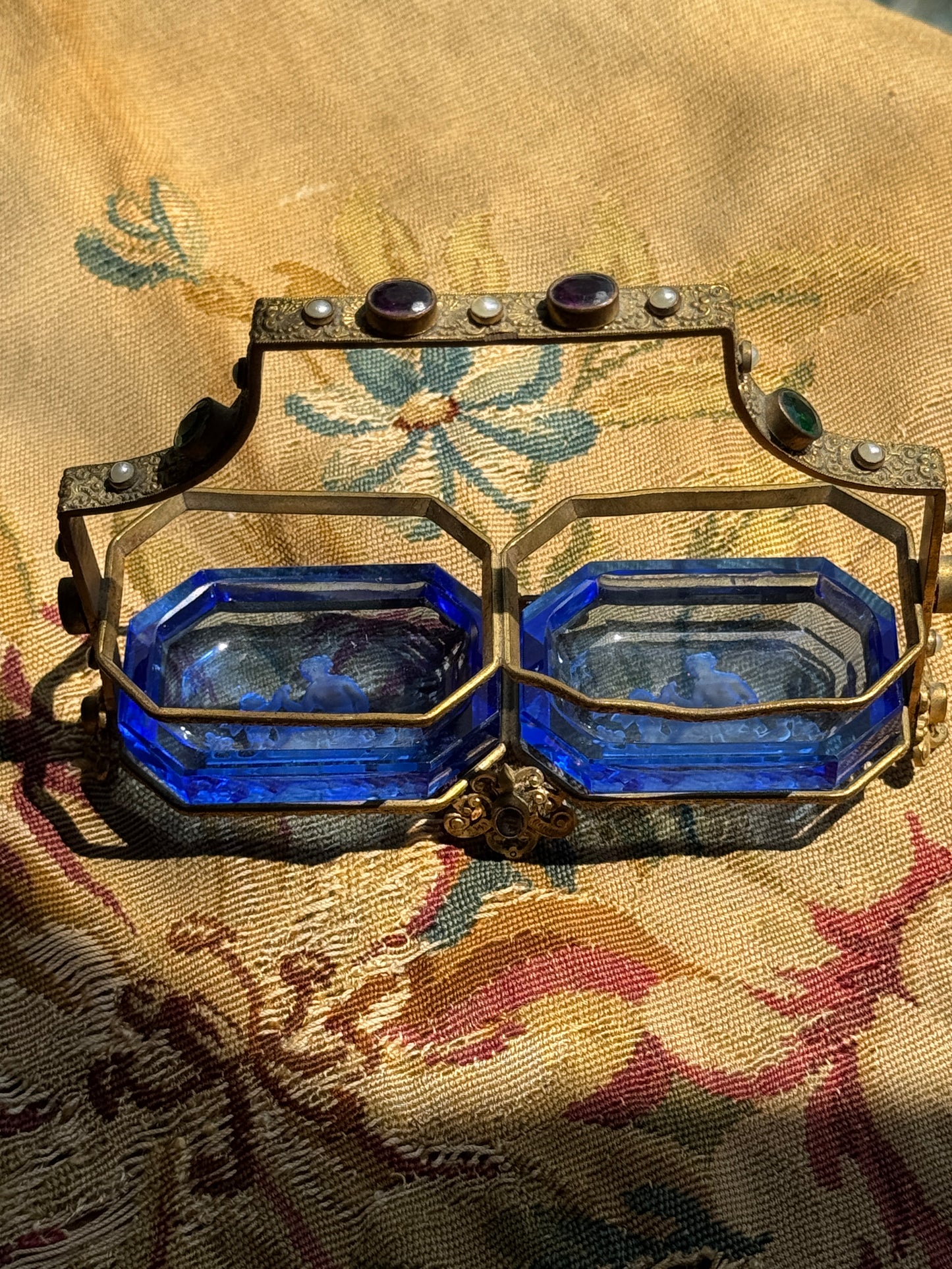 Antique Czech Blue Intaglio Glass Double Salt Cellar – Art Deco Brass Holder