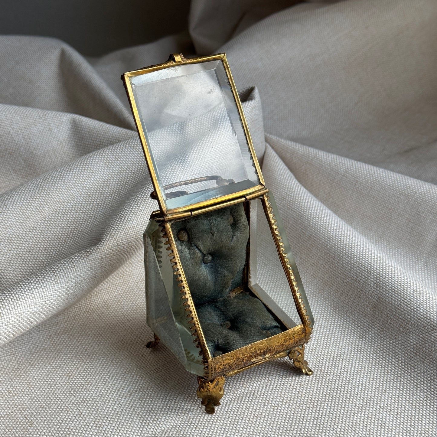 Antique French Jewelry Casked with Beveled Glass and Silk Cushion