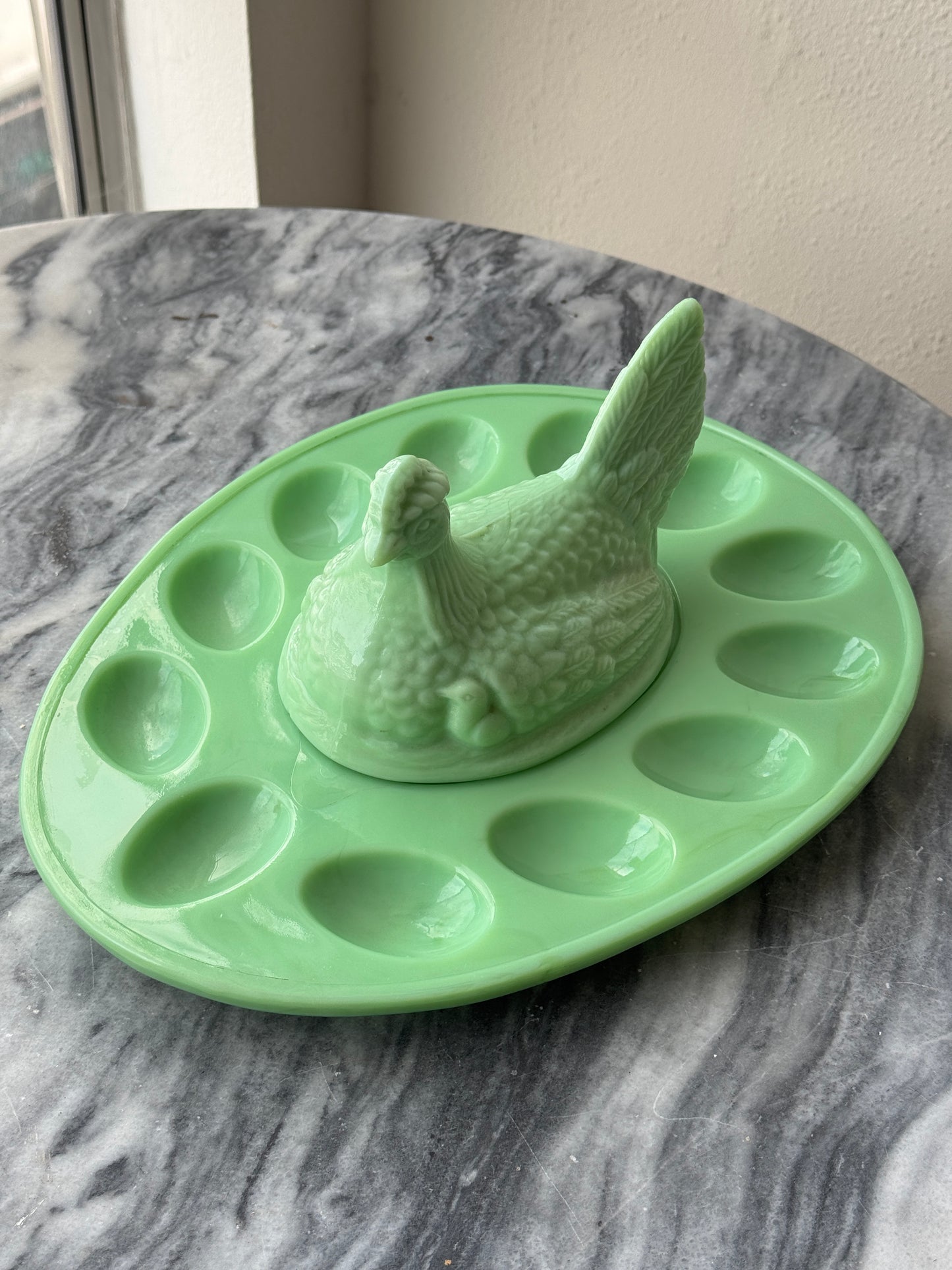 Vintage Jadeite Hen on Nest Egg Tray - L.E. Smith Glass - Deviled Egg Plate - Mid-Century Kitchenware