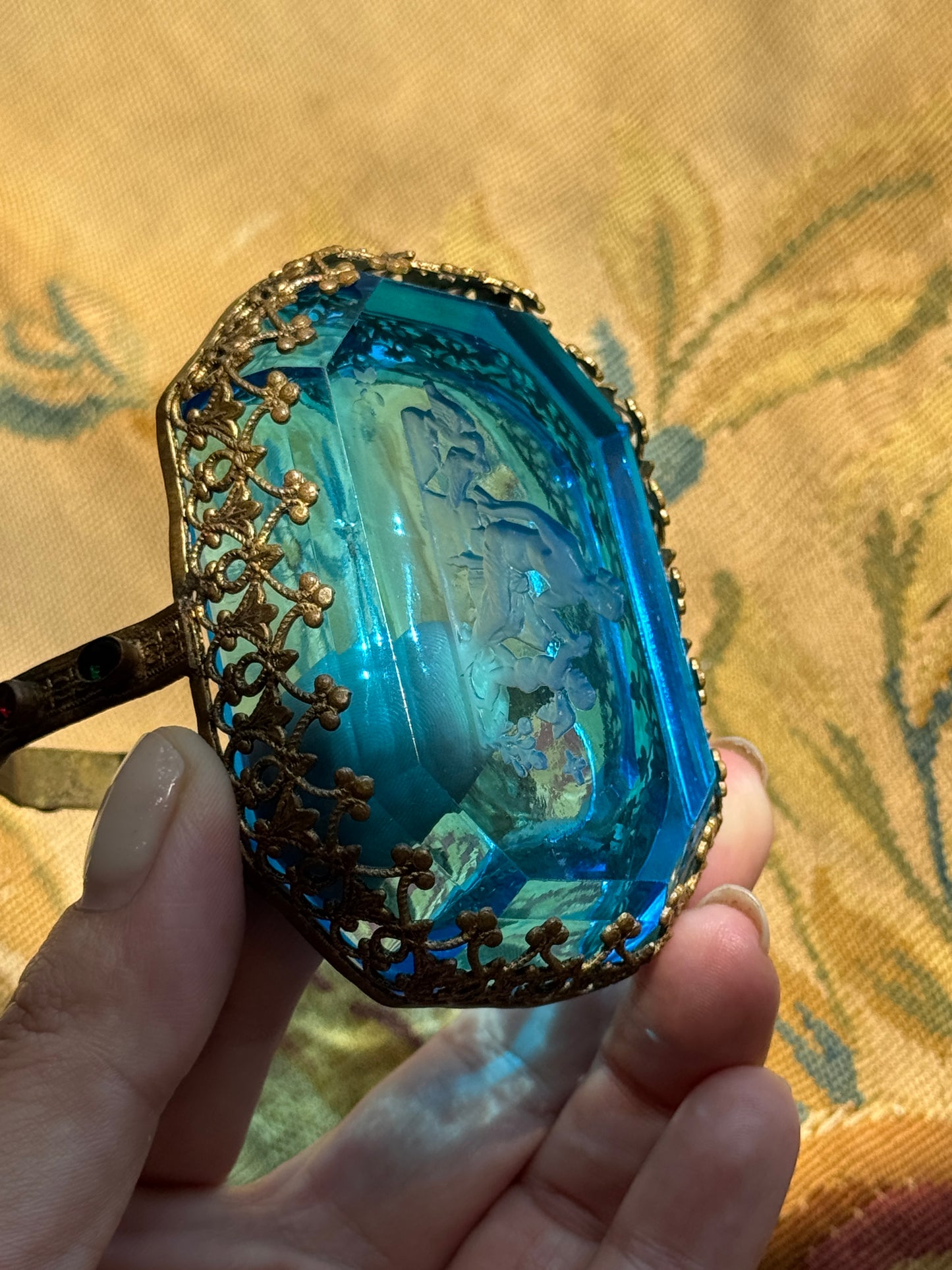 Antique Czech Blue Intaglio Glass Salt Cellar Basket