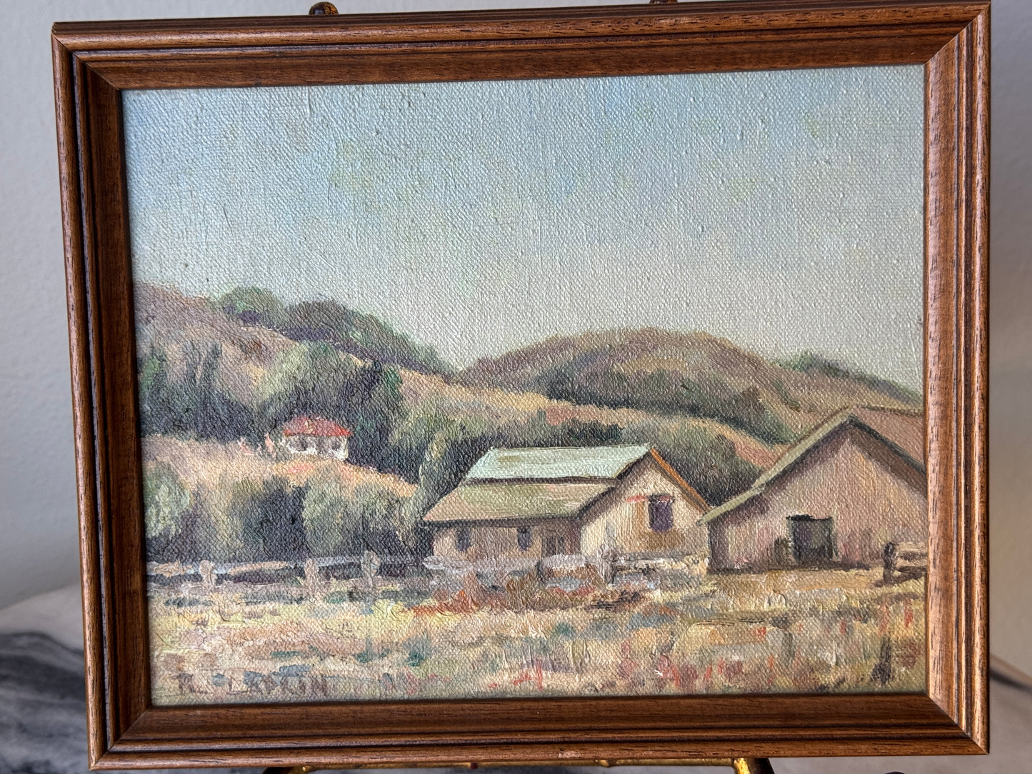 Vintage Plein Air Landscape Painting – Rustic Farm Scene by R. Larson – California Impressionist Style Oil on Board