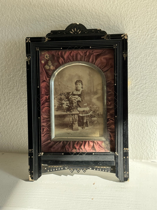 Victorian Eastlake Picture Frame with Silk Fabric and Silver Border