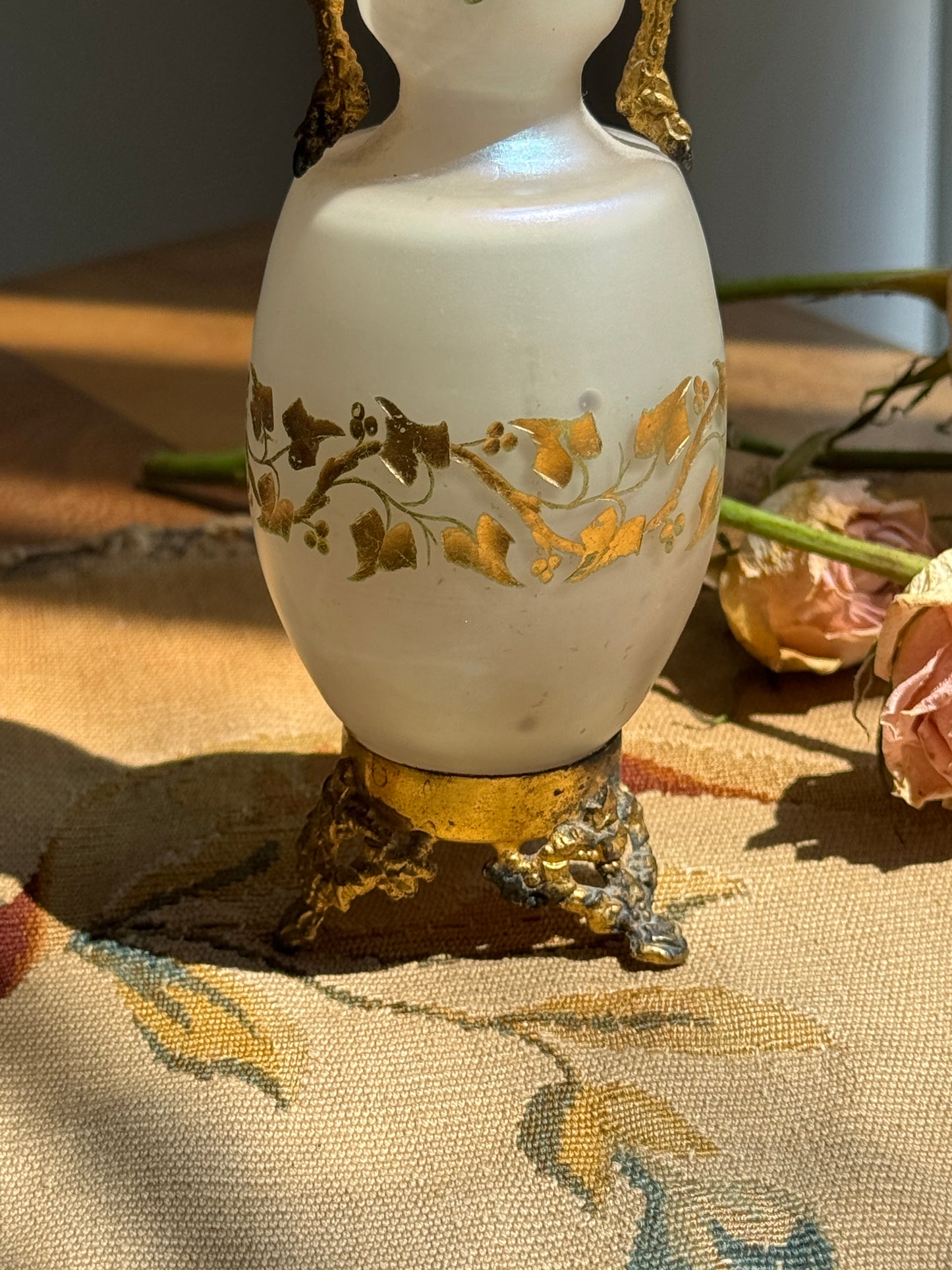 Antique French Style Opaline Glass Vase with Ormolu Mounts