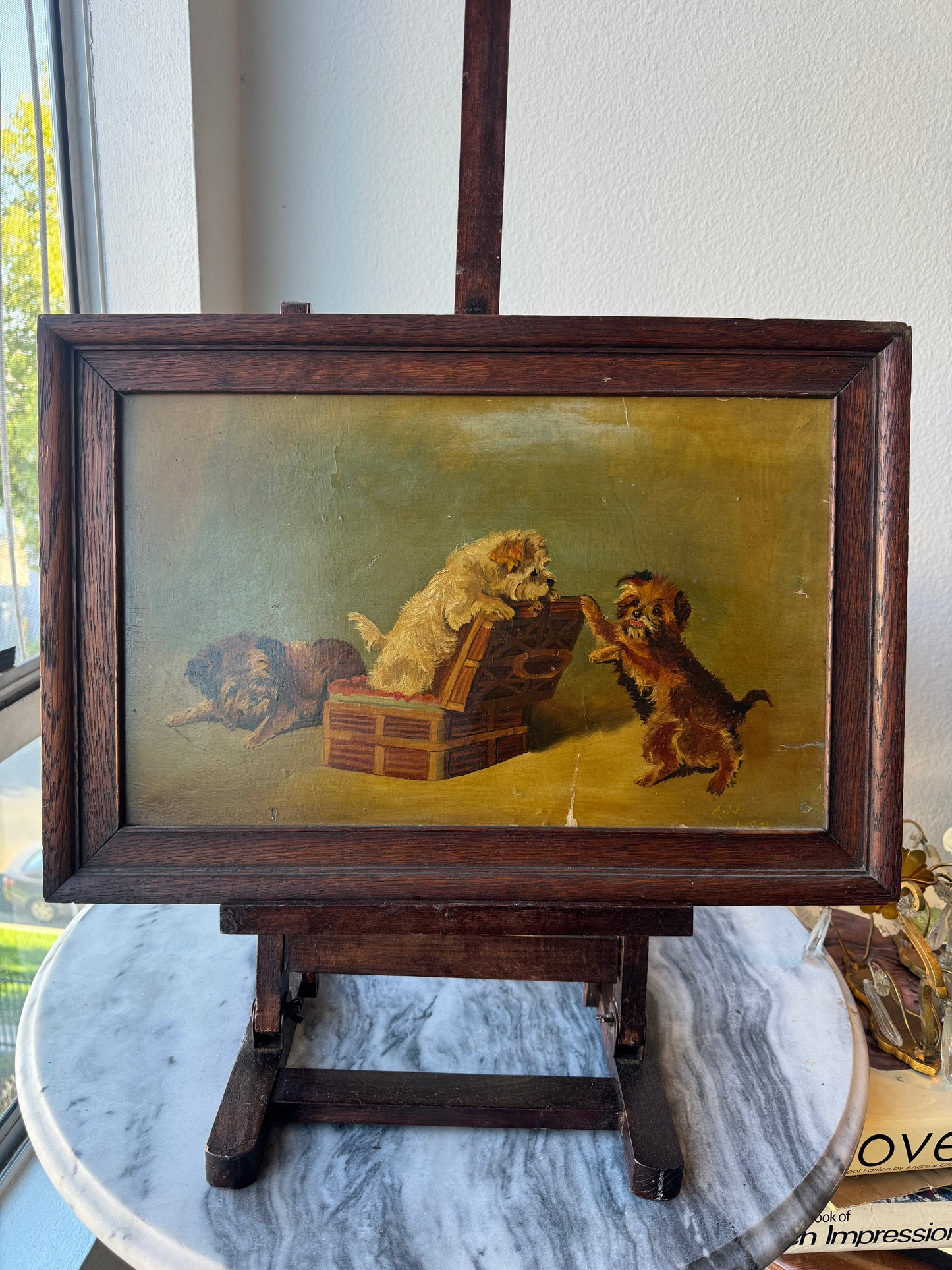 Antique Oil Painting of Terriers Playing