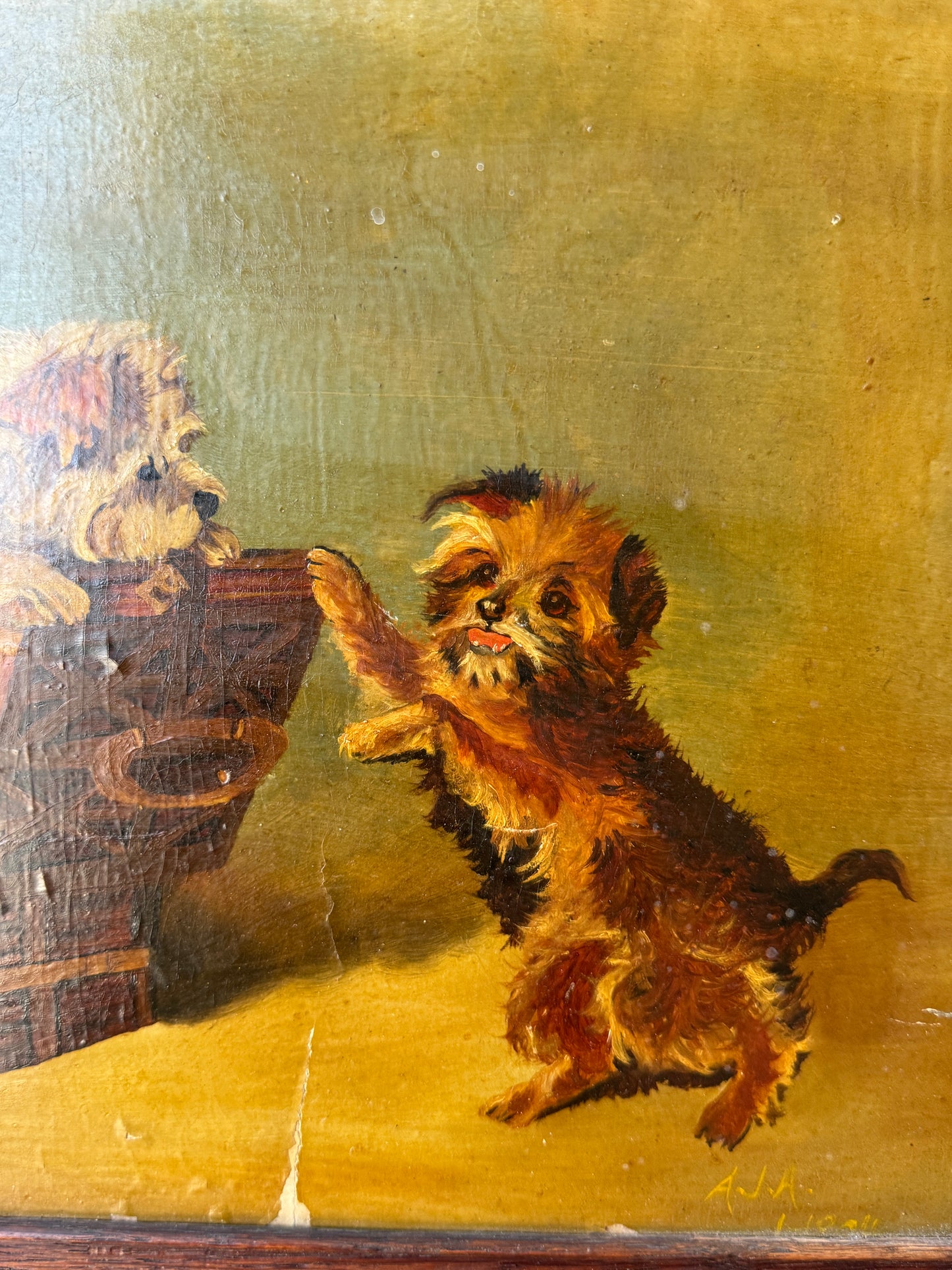 Antique Oil Painting of Terriers Playing