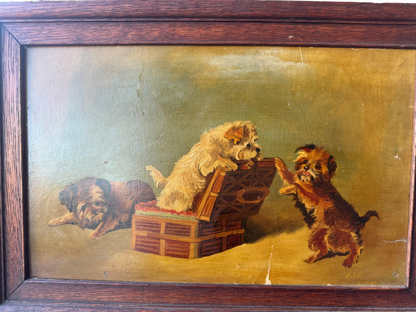 Antique Oil Painting of Terriers Playing