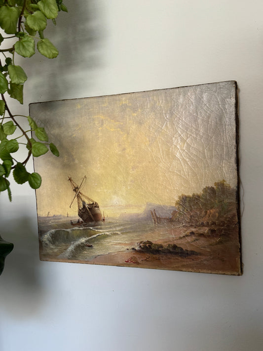 Signed Antique Original Oil Painting Depicting a Shipwreck, 1862.