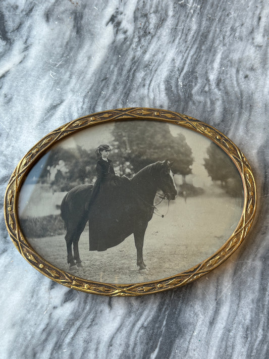 Victorian Age Photo of Woman on Horse, Hand-Carved Frame