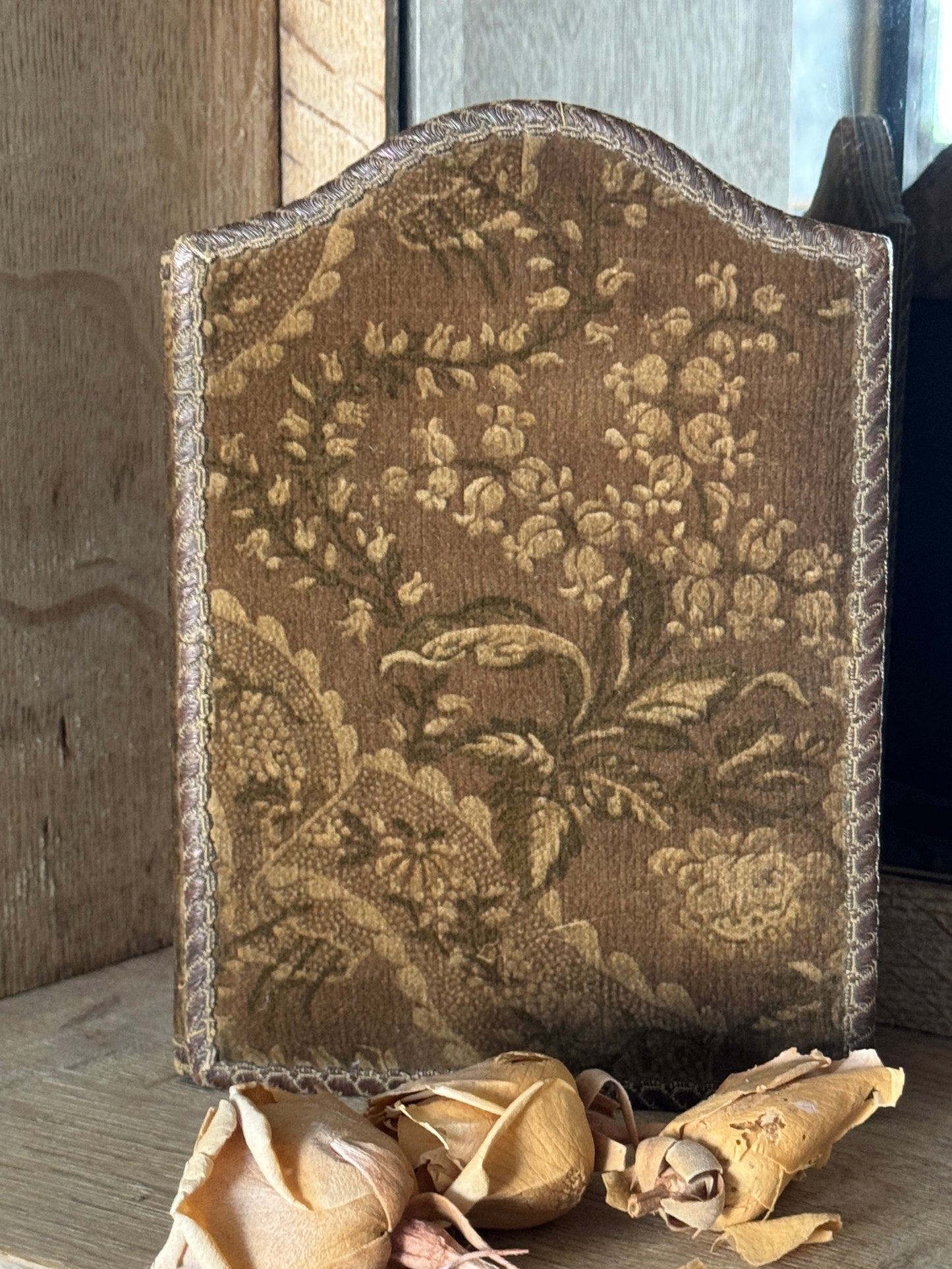 Antique French Fabric Folding Diptych Picture Frame – Floral Brocade & Silk Moiré