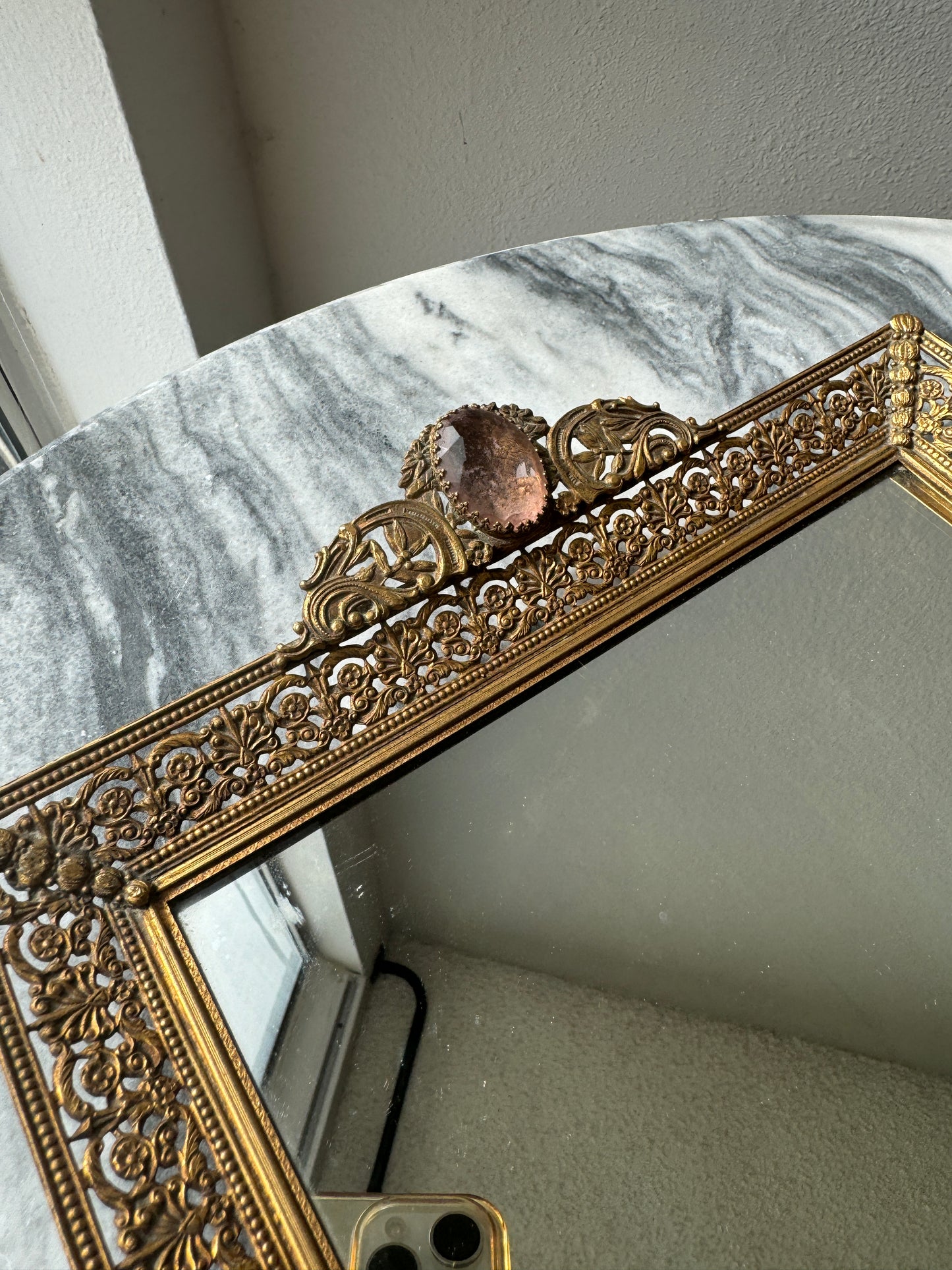 French Filigree Mirrored Vanity Tray with Rosegold Gems