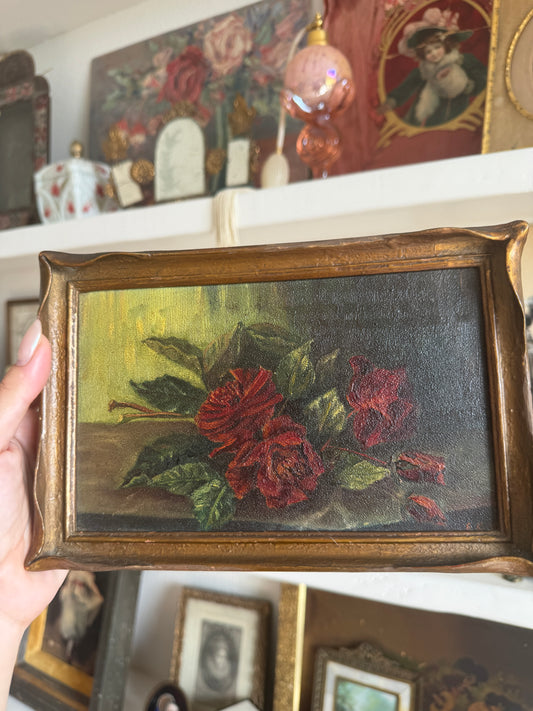 Early 20th Century Original Floral Oil Painting, Signed, Pie Crust Frame