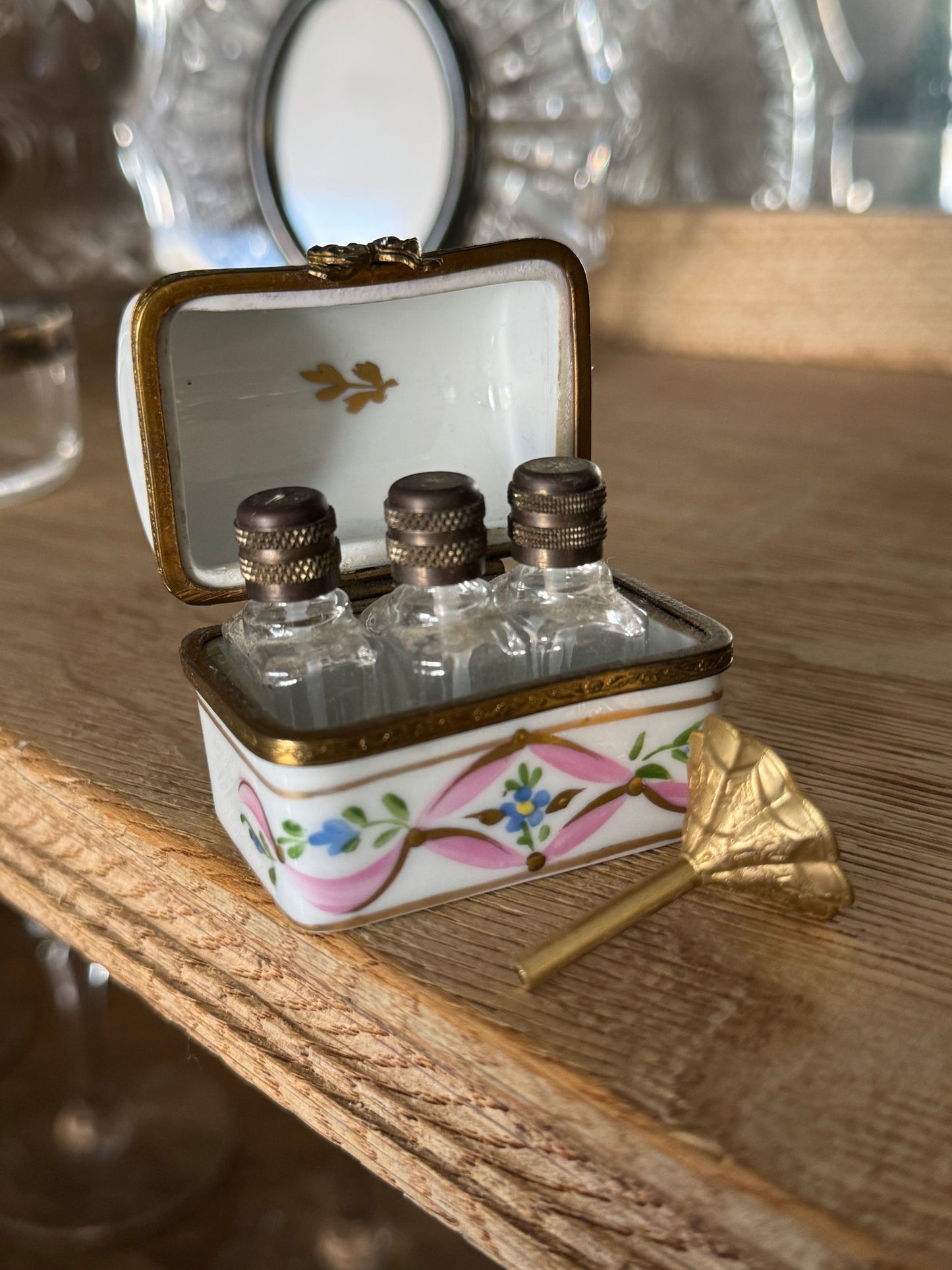 Vintage Limoge Box, Perfume Bottle Trio with Funnel