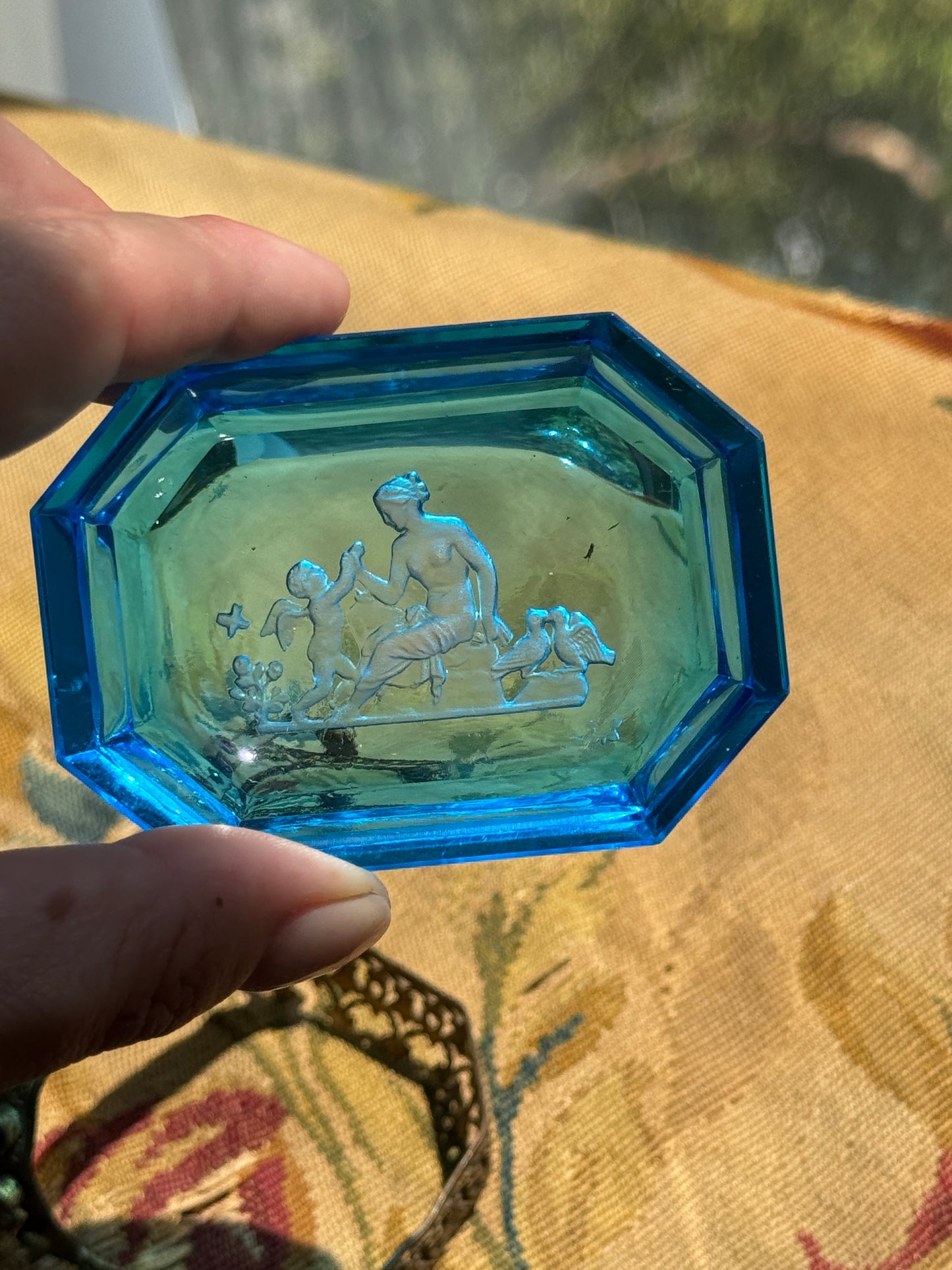 Antique Czech Blue Intaglio Glass Salt Cellar Basket