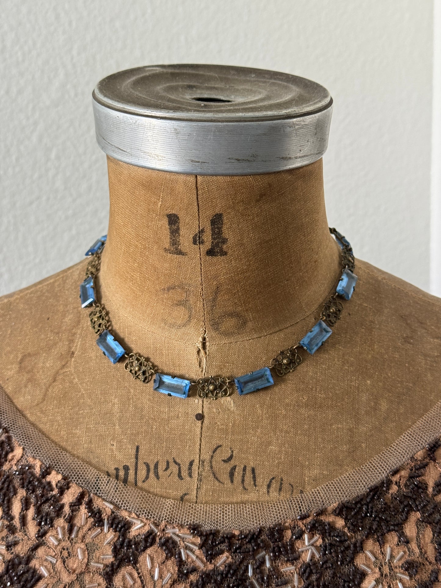 Antique 1920s Czech Art Deco Blue Glass & Filigree Necklace