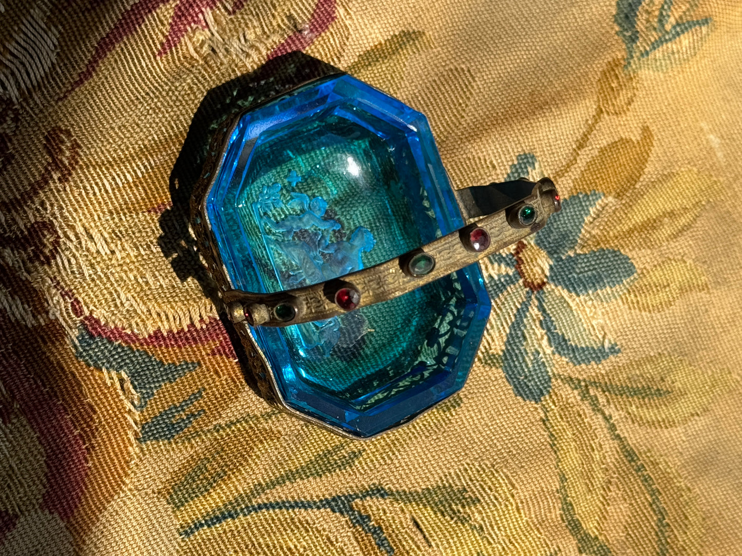 Antique Czech Blue Intaglio Glass Salt Cellar Basket