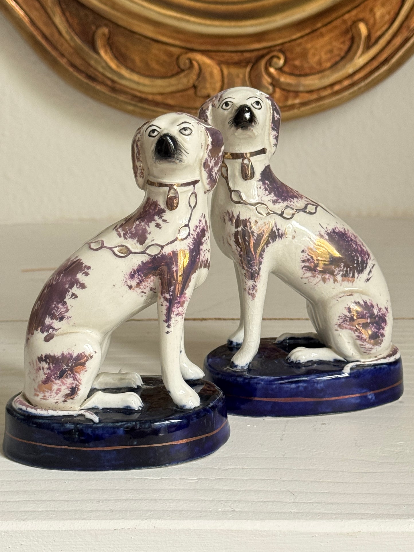 Antique 19th Century Staffordshire Spaniel Dogs – Pair – Hand-Painted with Gilt Detail