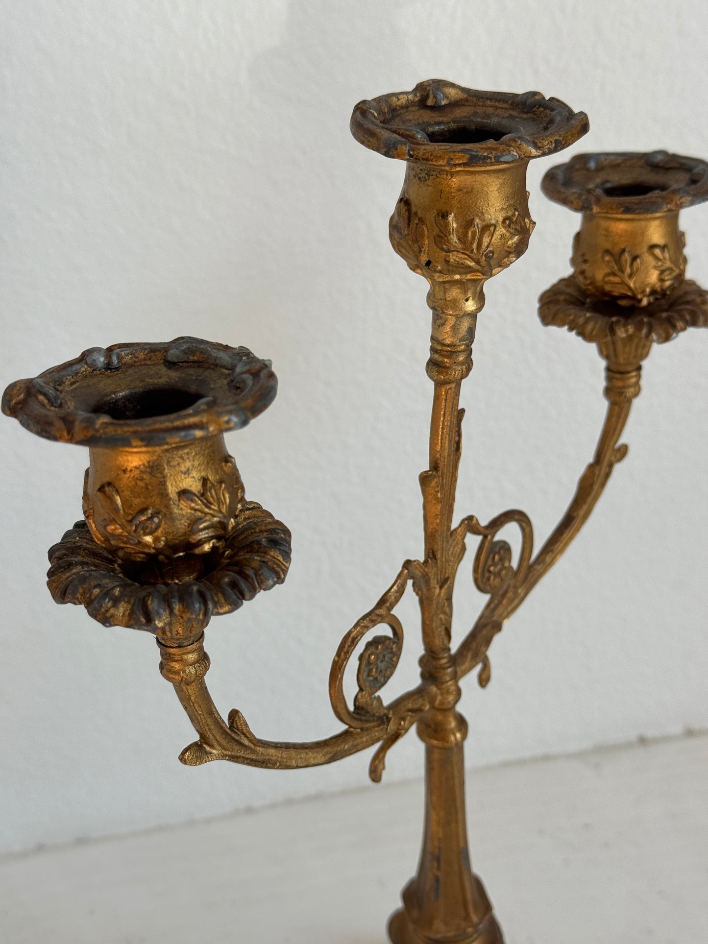 Antique Gilt Metal Three-Arm Candelabra with Stone Base 12.5x9