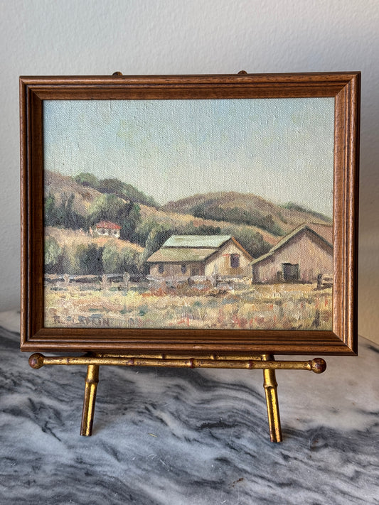 Vintage Plein Air Landscape Painting – Rustic Farm Scene by R. Larson – California Impressionist Style Oil on Board
