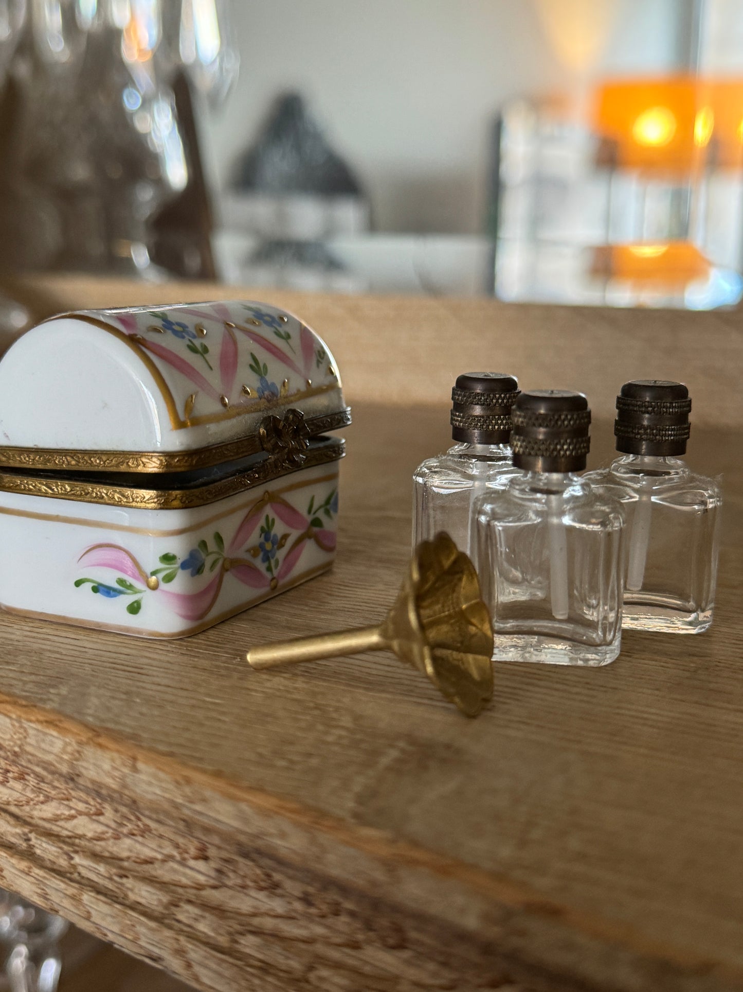 Vintage Limoge Box, Perfume Bottle Trio with Funnel