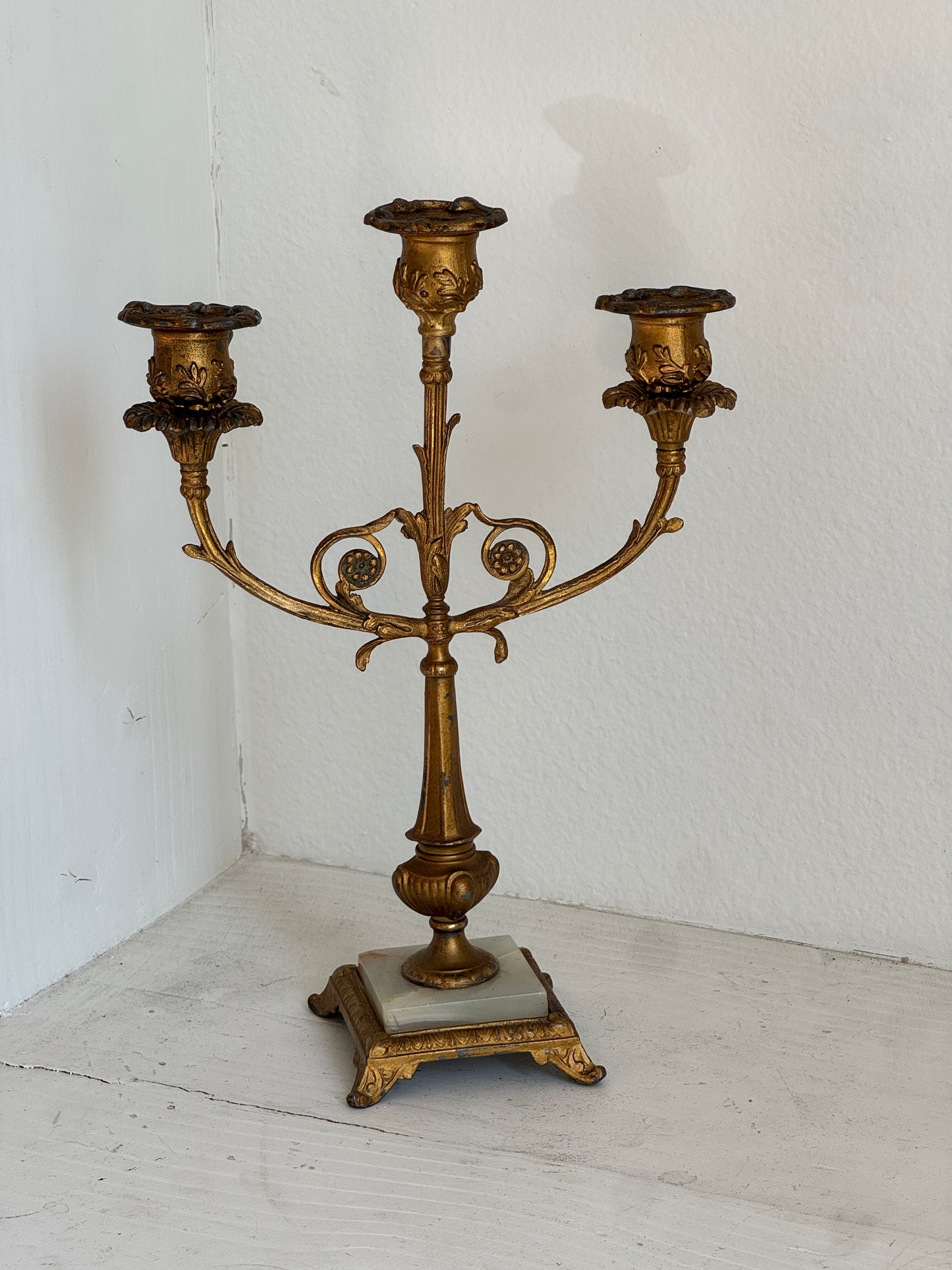 Antique Gilt Metal Three-Arm Candelabra with Stone Base 12.5x9