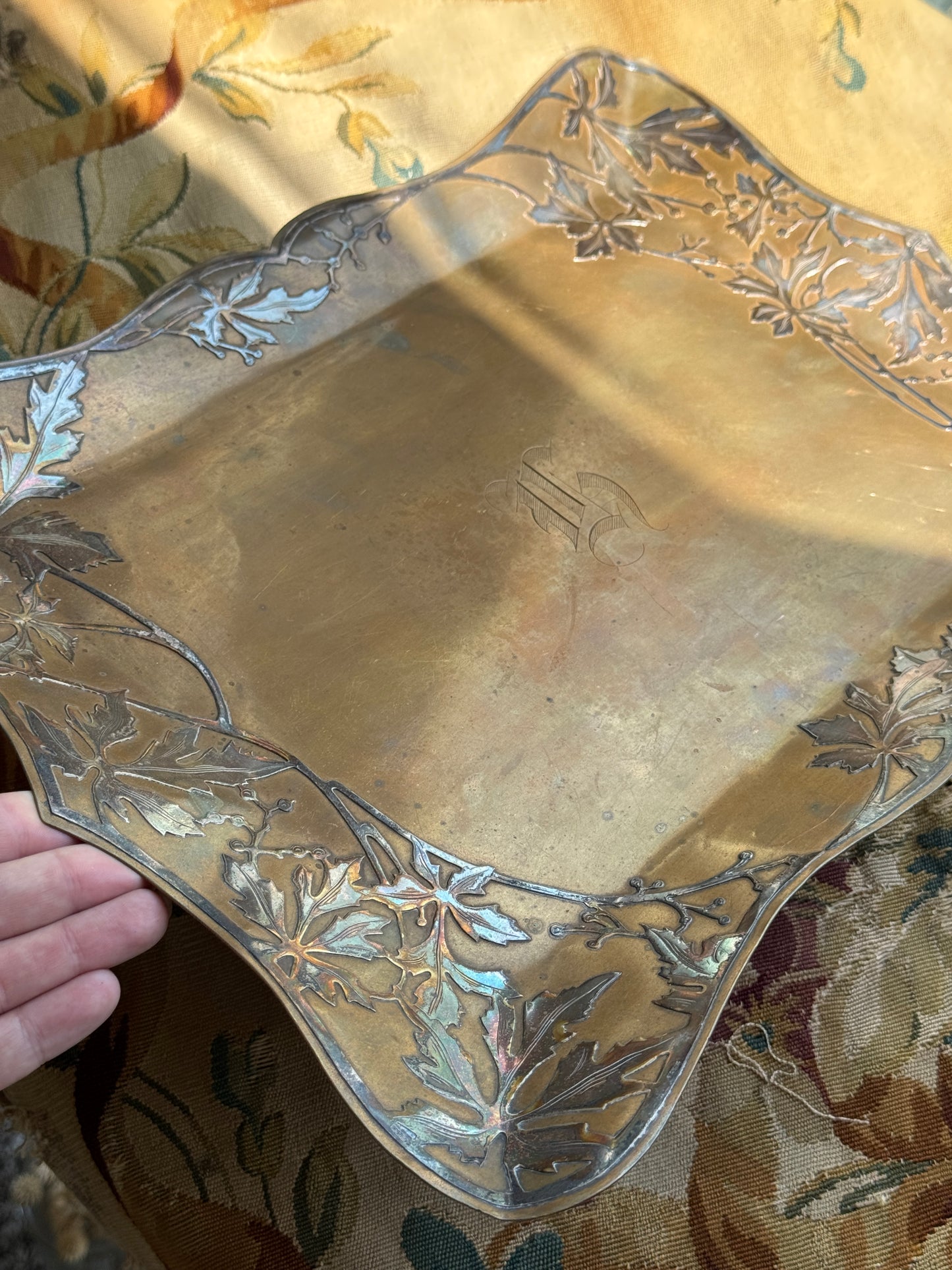 Antique Art Nouveau Mixed Metal Tray – Sterling Silver Overlay on Copper