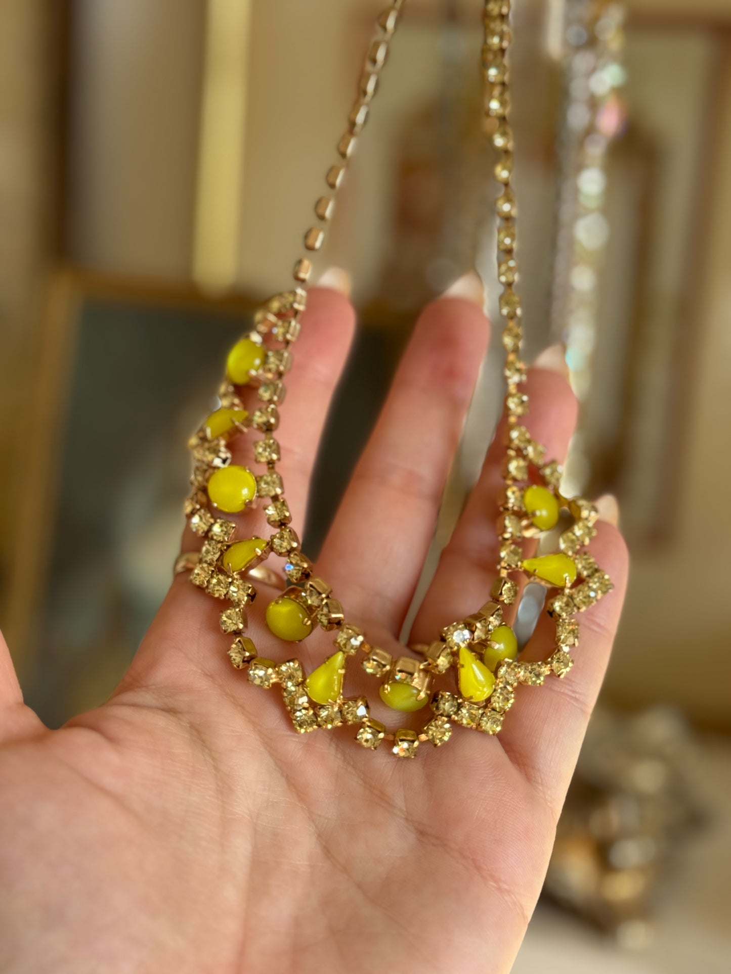 Vintage Lime Green Rhinestone Necklace + Matching Bracelet