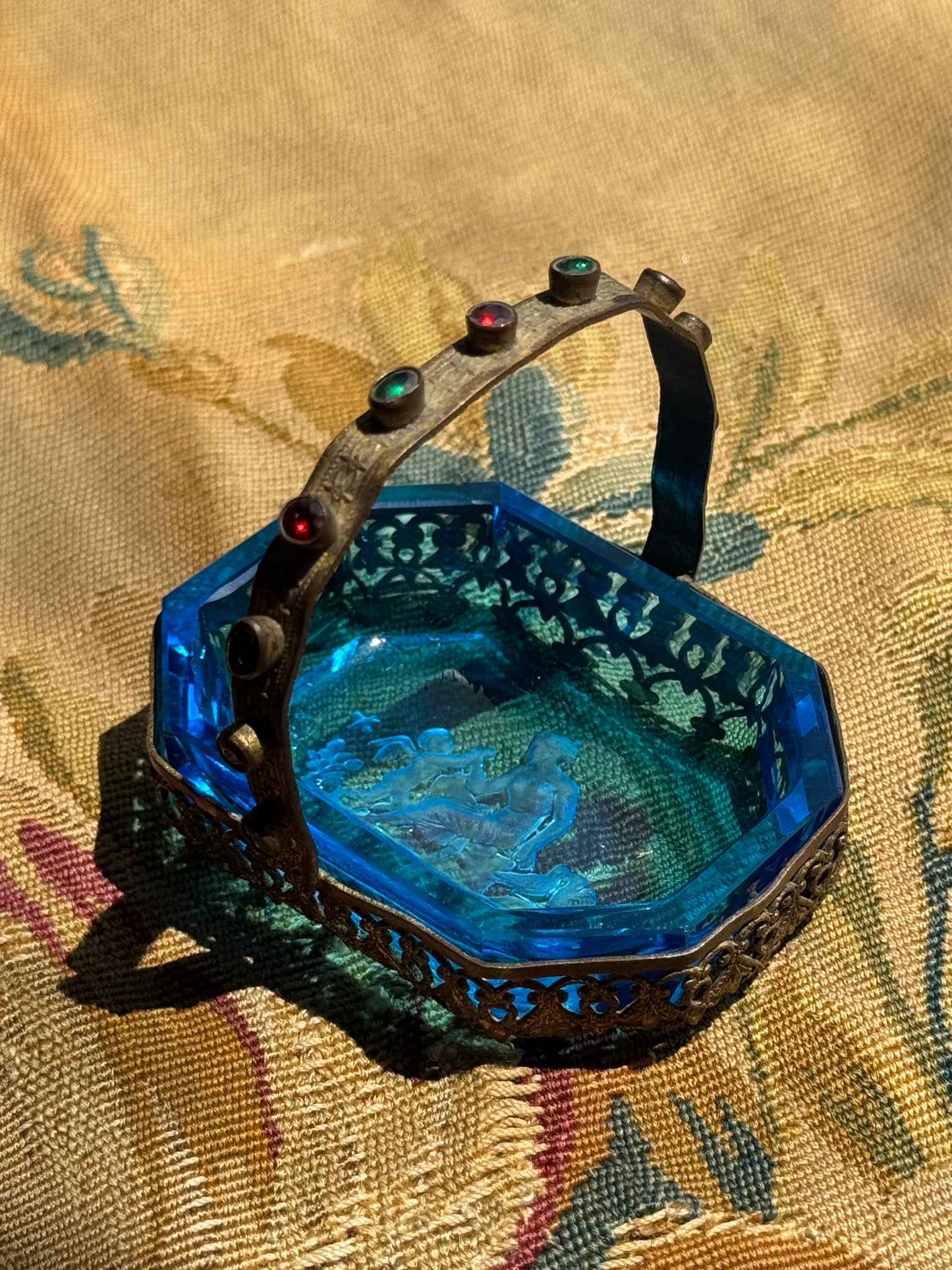 Antique Czech Blue Intaglio Glass Salt Cellar Basket