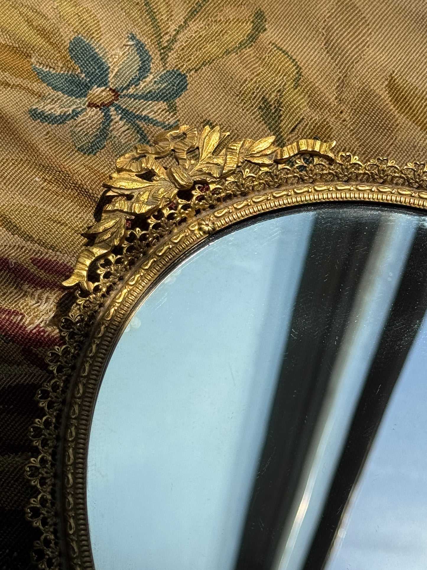 Antique French Gilt Brass Filigree & Bow Oval Vanity Mirror, c. 1930s
