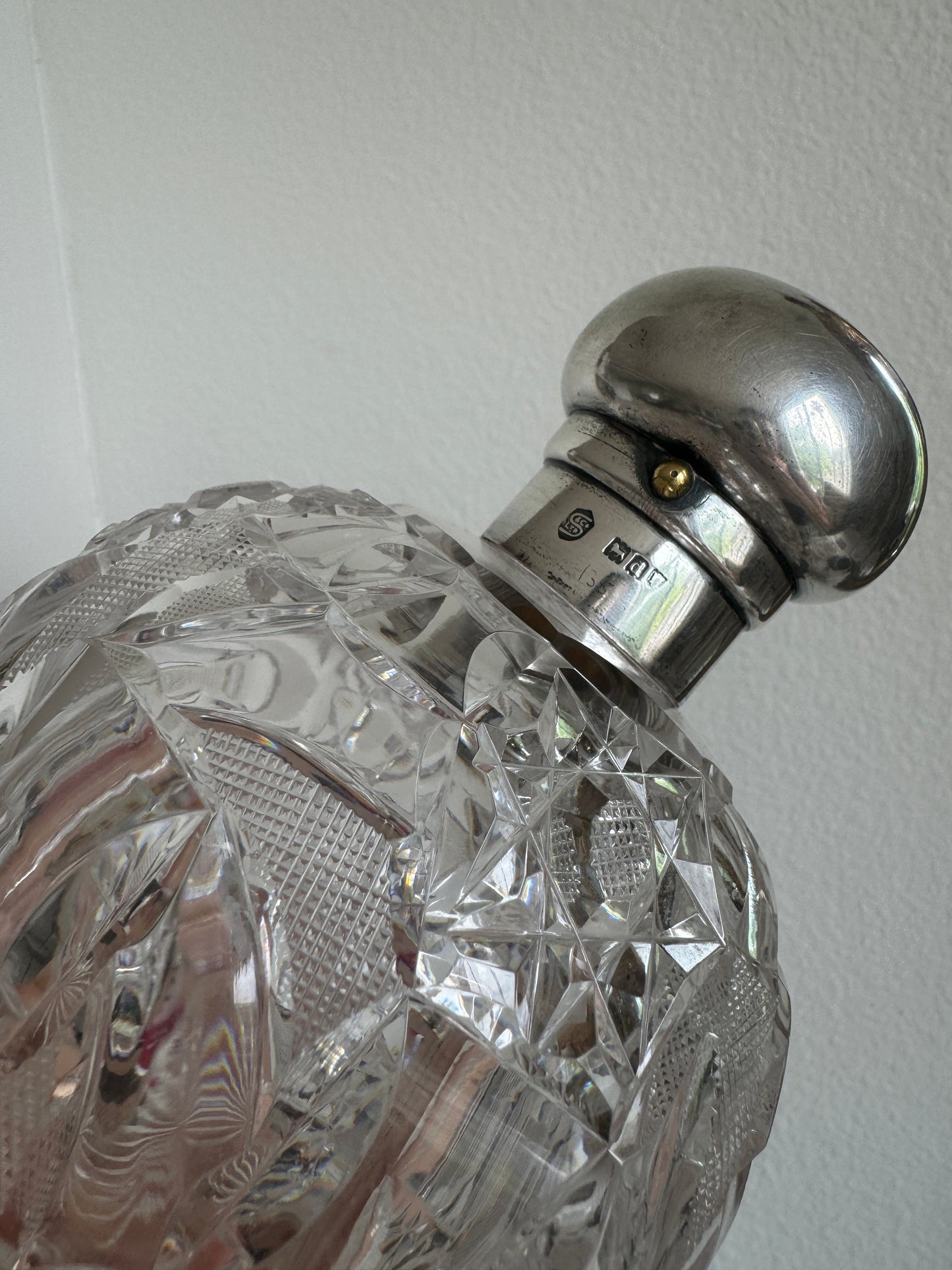 LARGE 19th Century English Crystal Perfume Bottle with Sterling Silver Lid