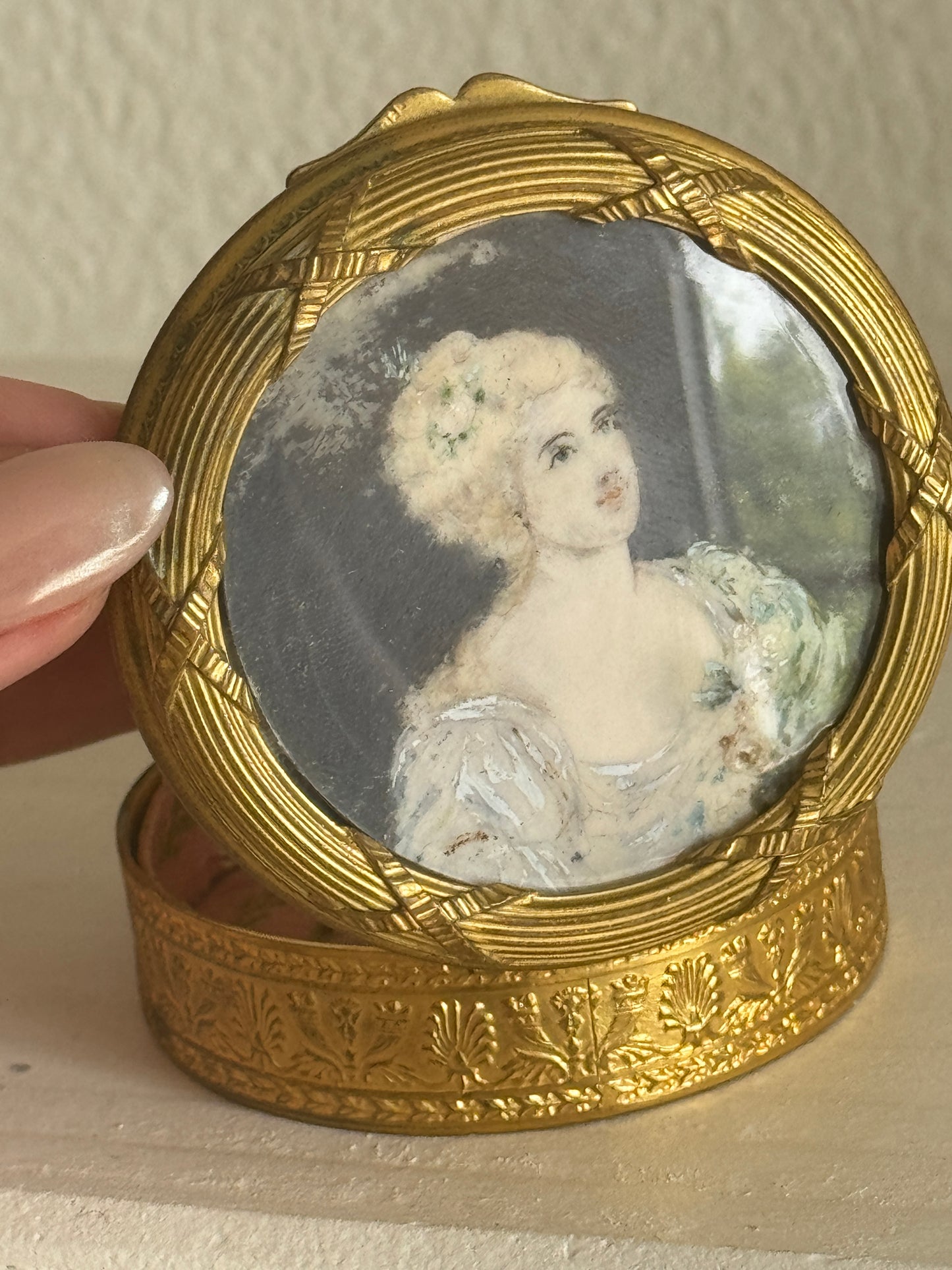 Antique French Ormulu Keepsake Jar with Hand painted Portrait