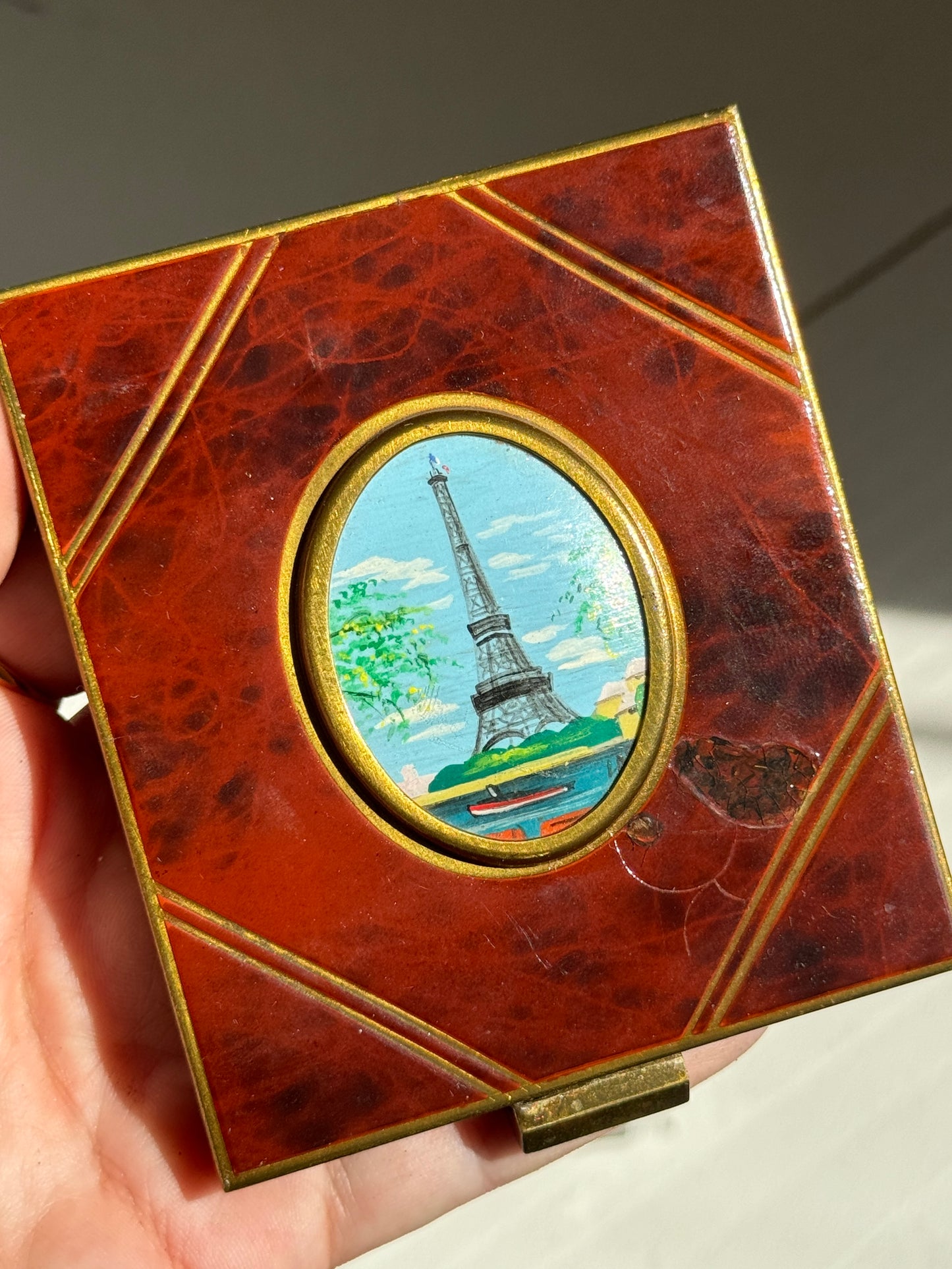 Hand-Painted Tortoiseshell Makeup Compact of the Eiffel Tower