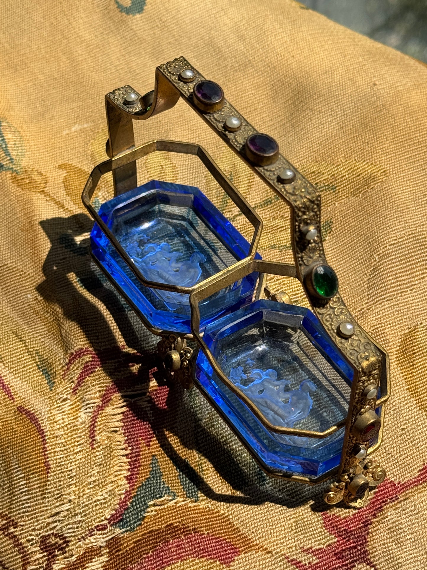 Antique Czech Blue Intaglio Glass Double Salt Cellar – Art Deco Brass Holder