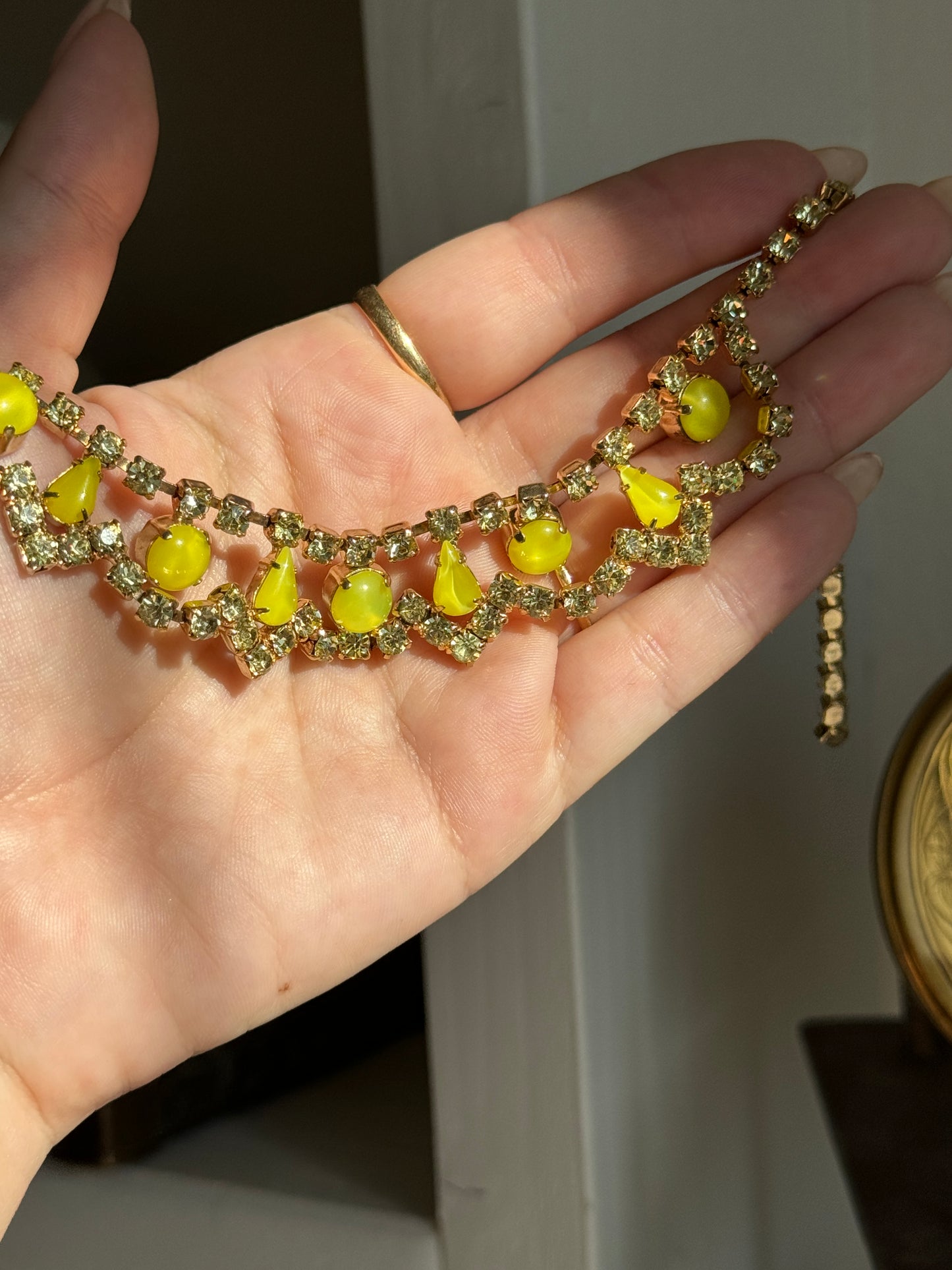 Vintage Lime Green Rhinestone Necklace + Matching Bracelet