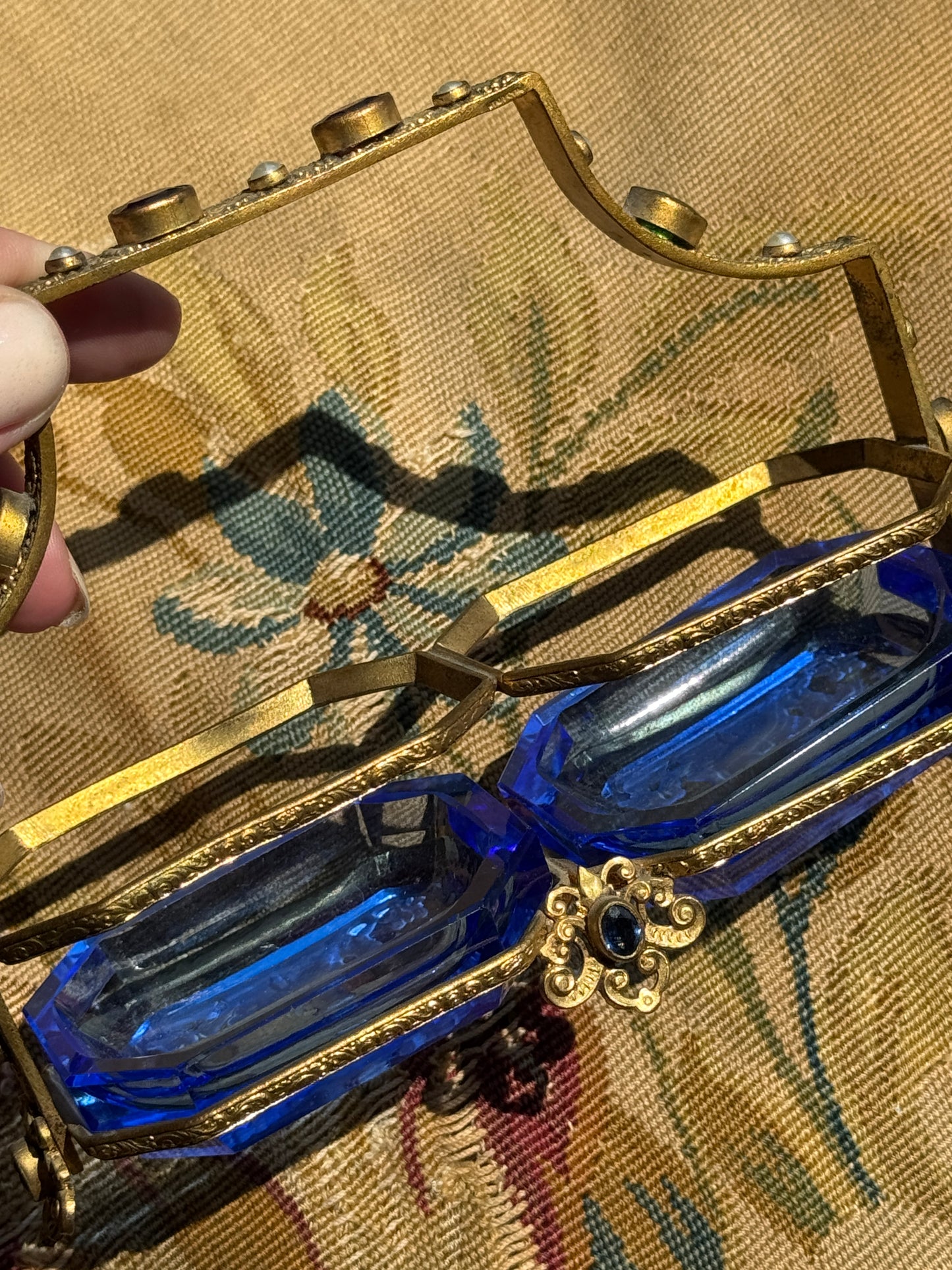 Antique Czech Blue Intaglio Glass Double Salt Cellar – Art Deco Brass Holder